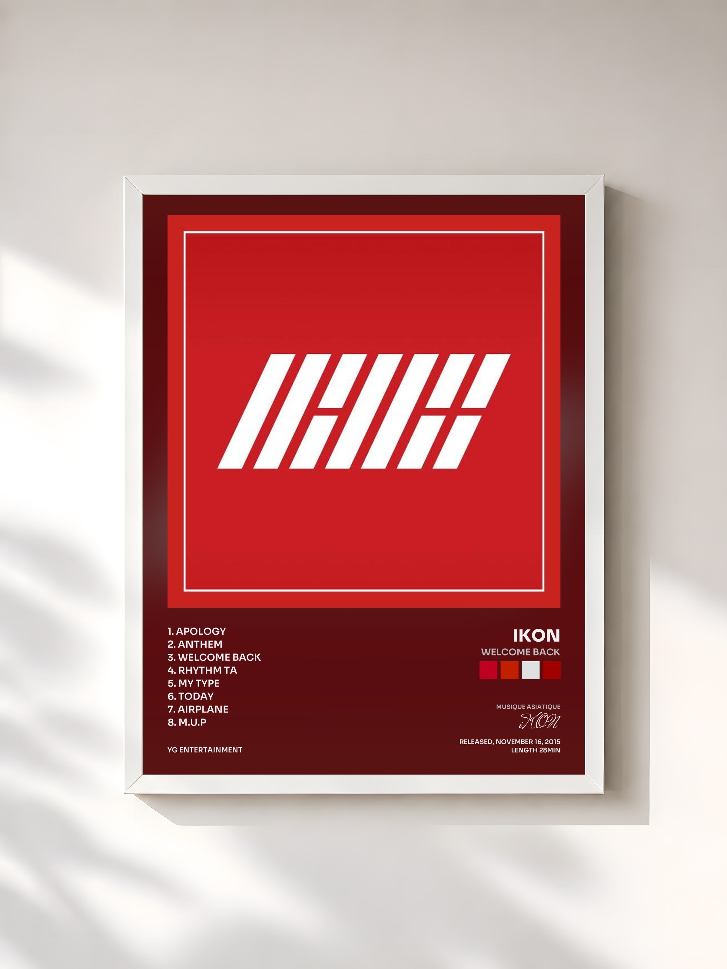 #blanc Tableau de l'album WELCOME BACK de iKON, cadre blanc, imprimé et encadré en France