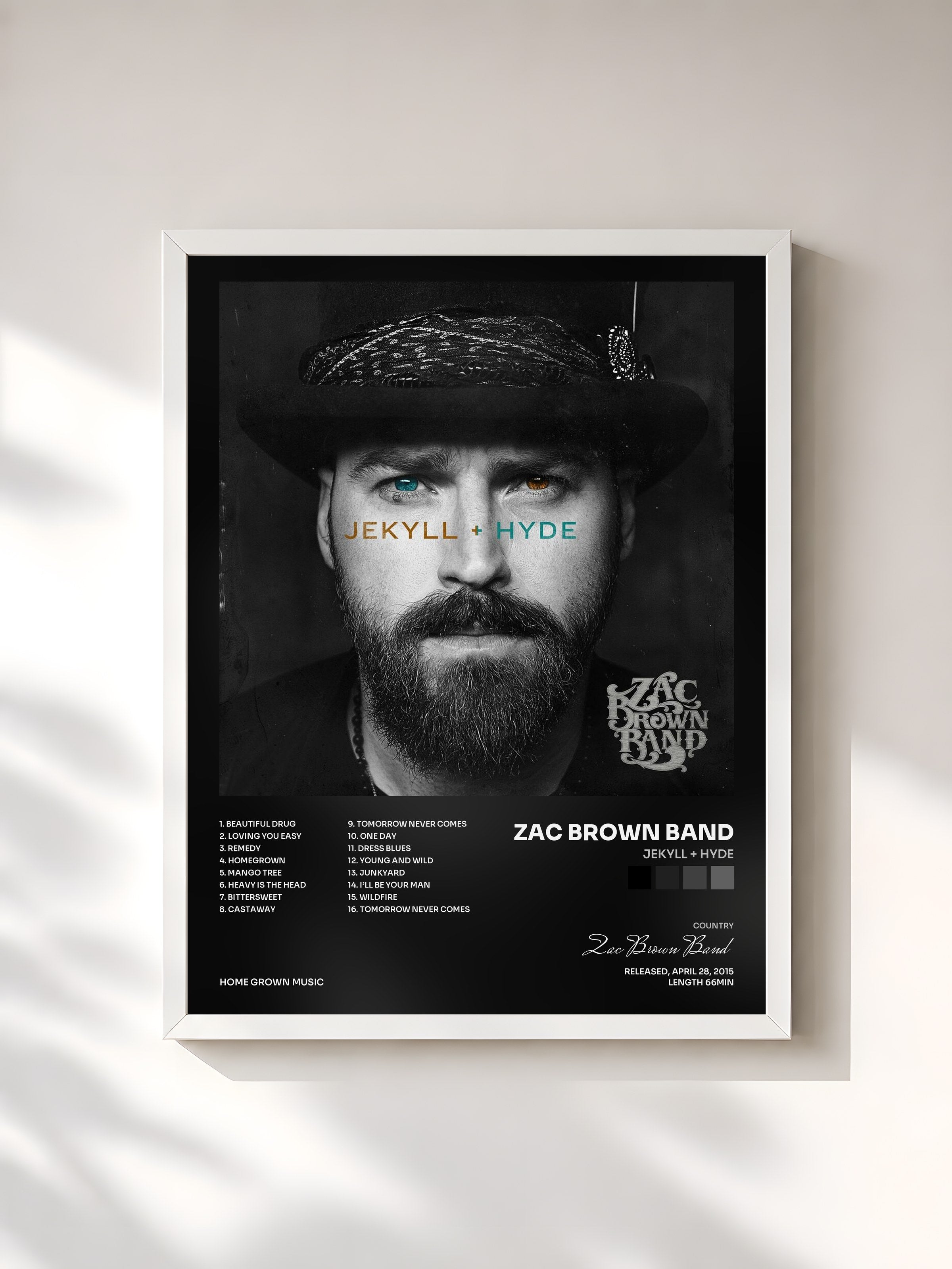 #blanc Tableau de l'album JEKYLL + HYDE de Zac Brown Band, cadre blanc, imprimé et encadré en France