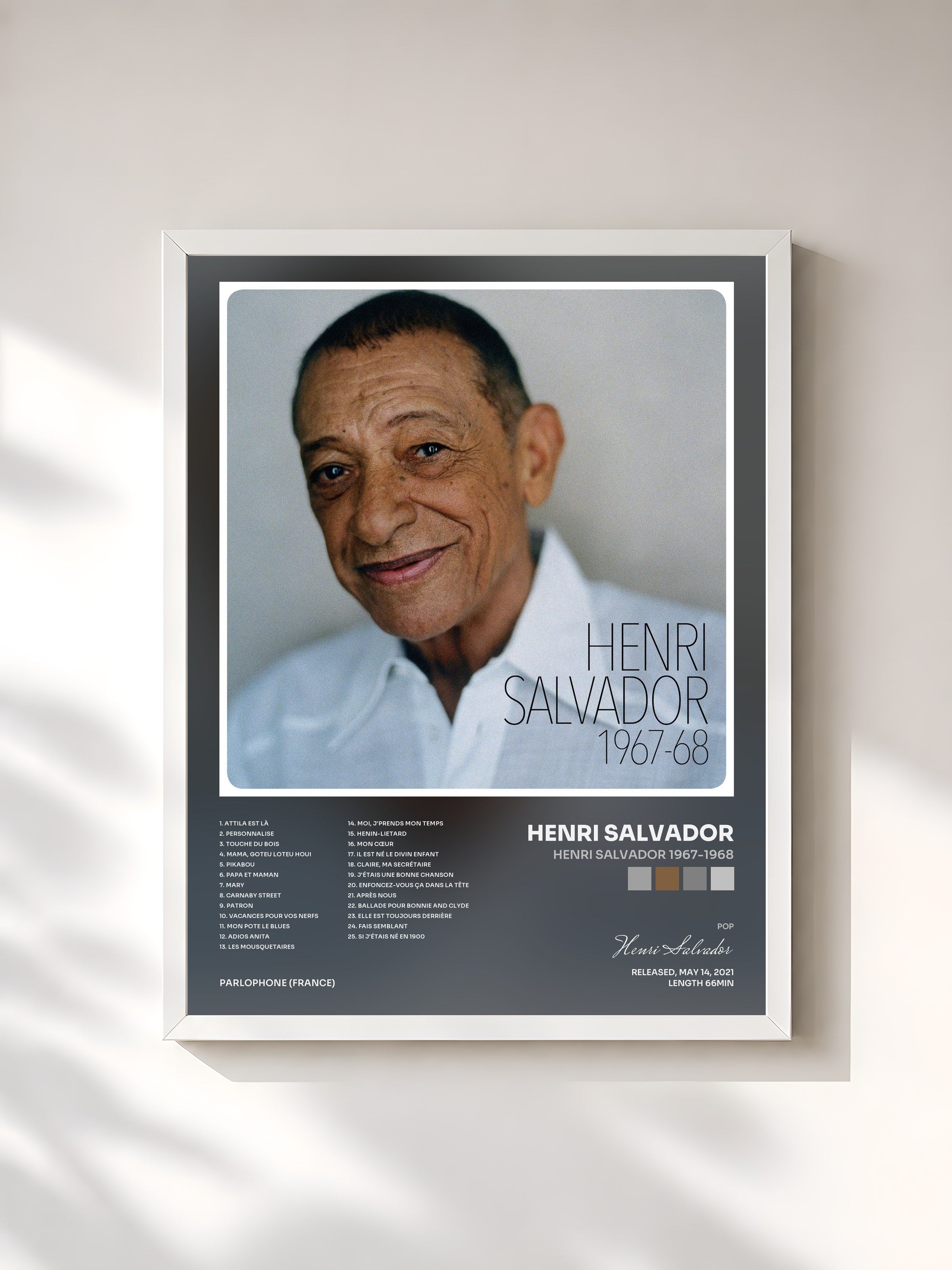 #blanc Tableau de l'album Henri Salvador 1967-1968 de Henri Salvador, cadre blanc, imprimé et encadré en France
