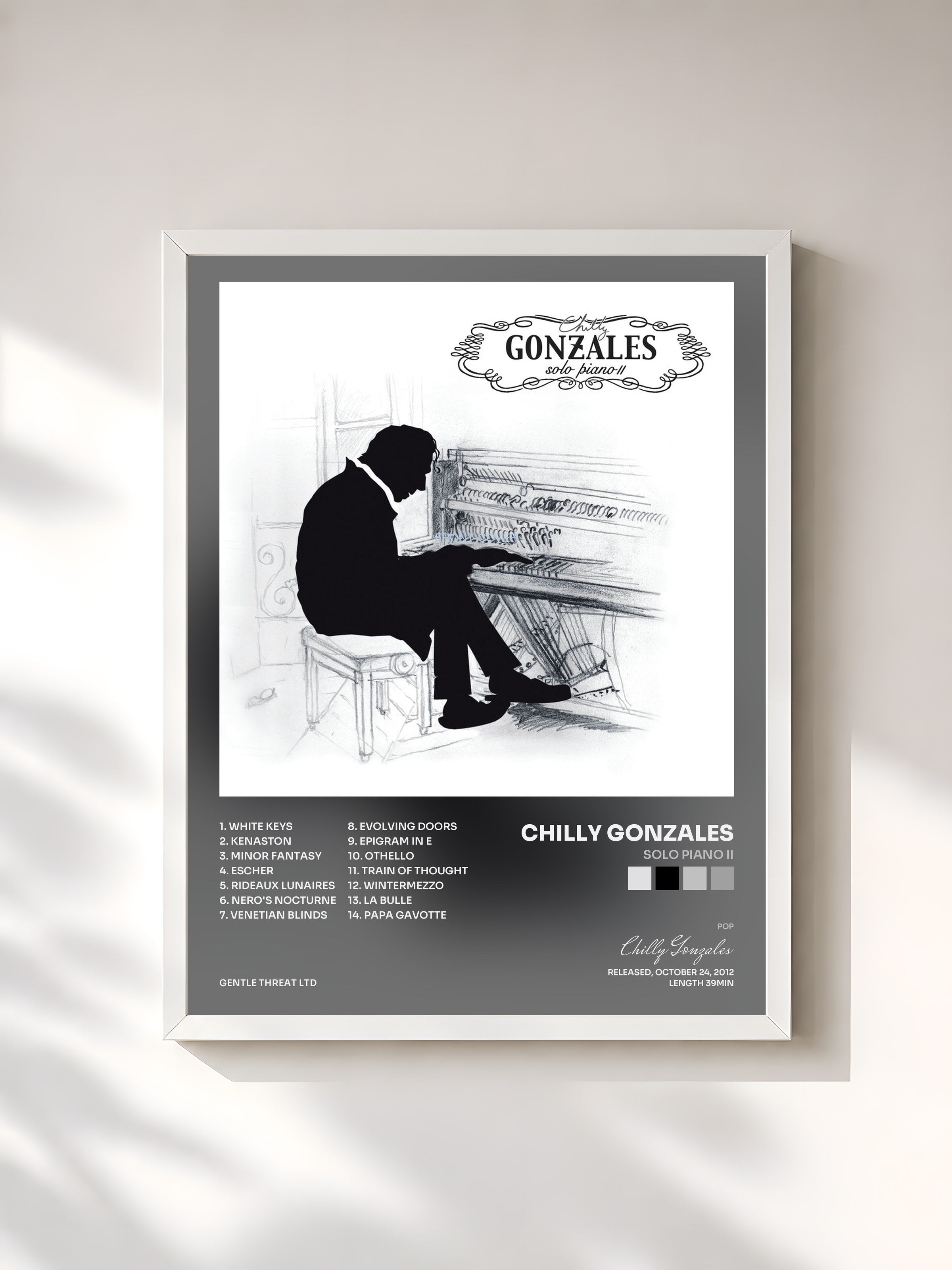 #blanc Tableau de l'album Solo Piano II de Chilly Gonzales, cadre blanc, imprimé et encadré en France