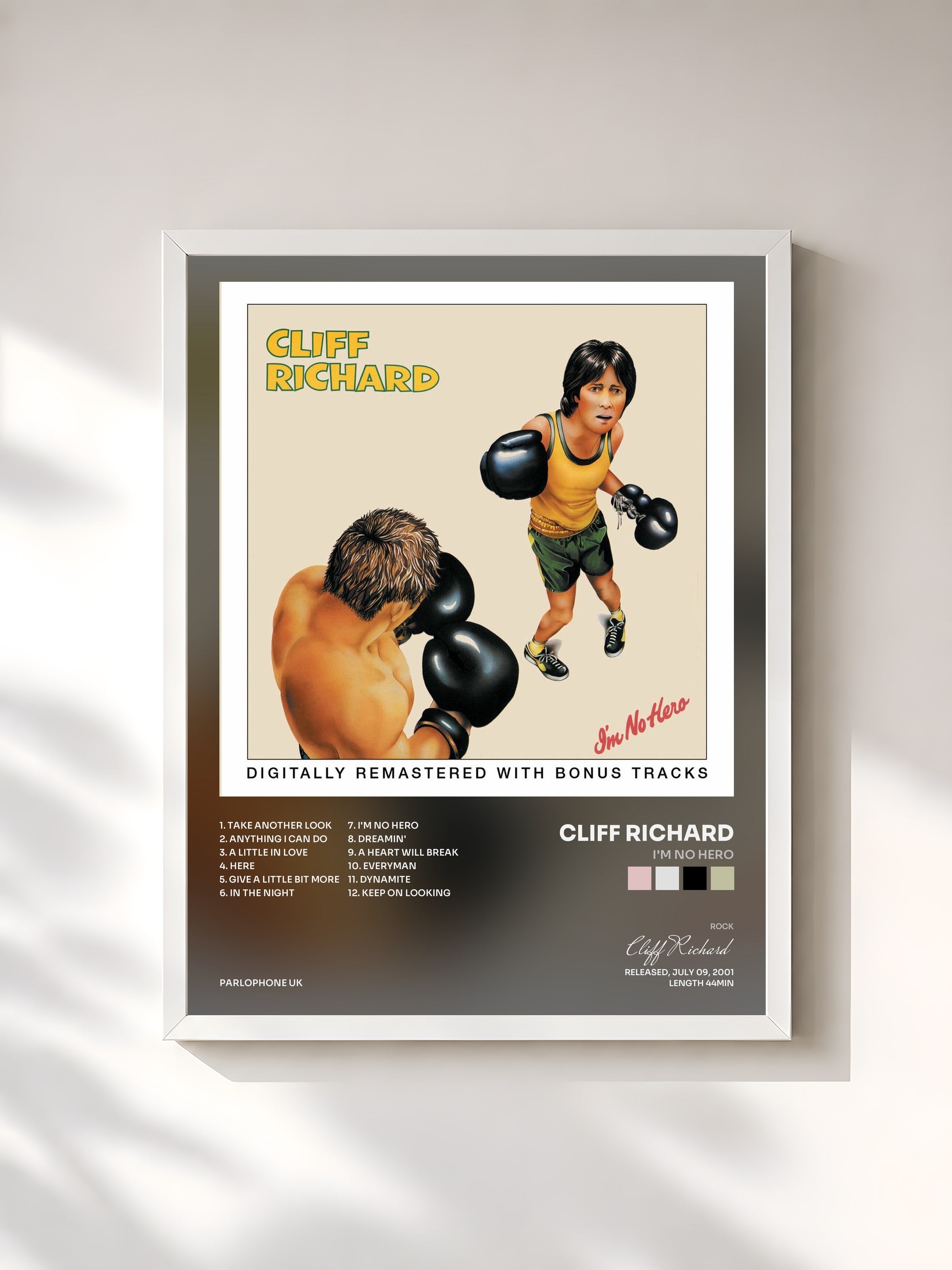 #blanc Tableau de l'album I'm No Hero de Cliff Richard, cadre blanc, imprimé et encadré en France