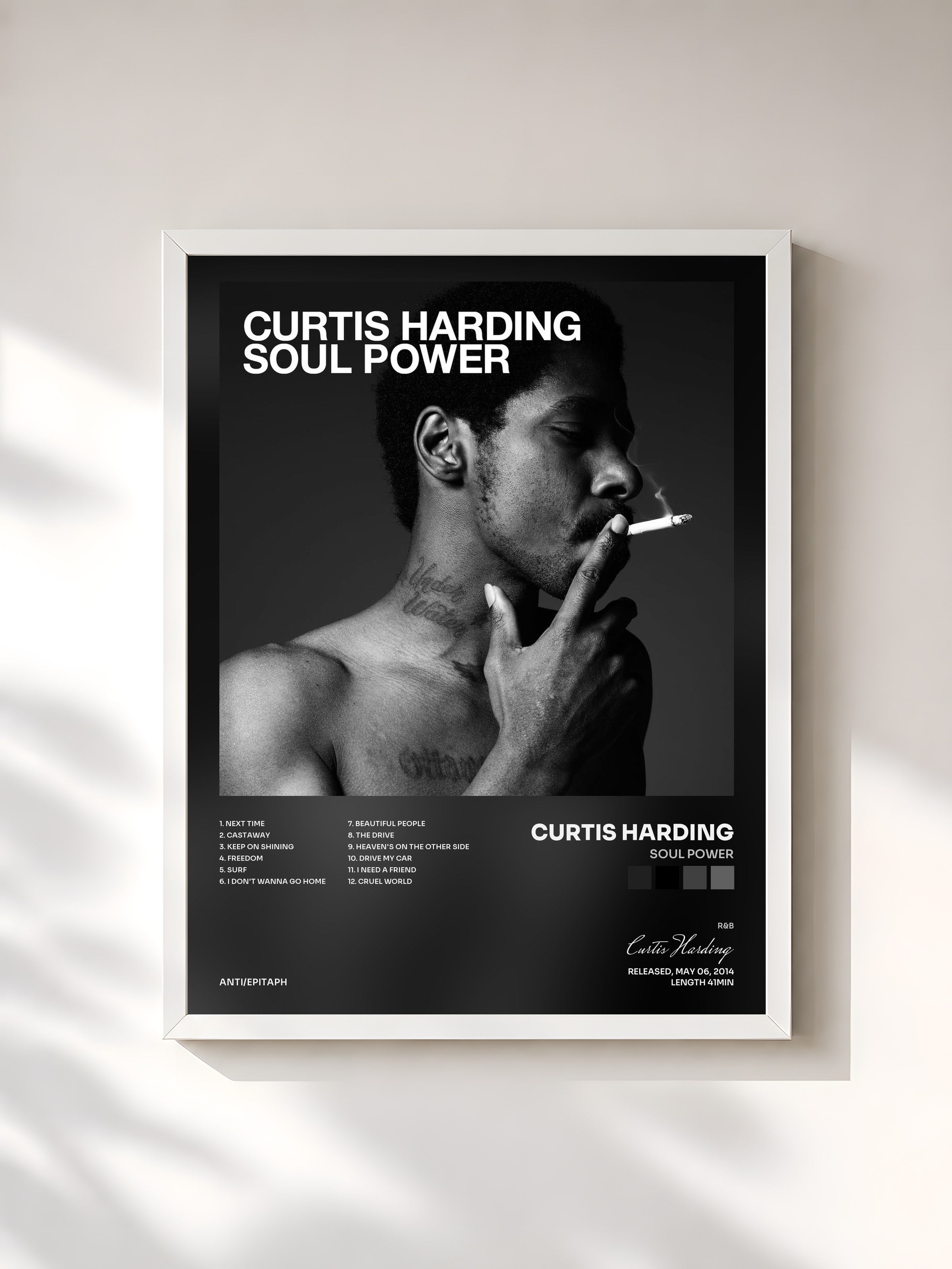 #blanc Tableau de l'album Soul Power de Curtis Harding, cadre blanc, imprimé et encadré en France
