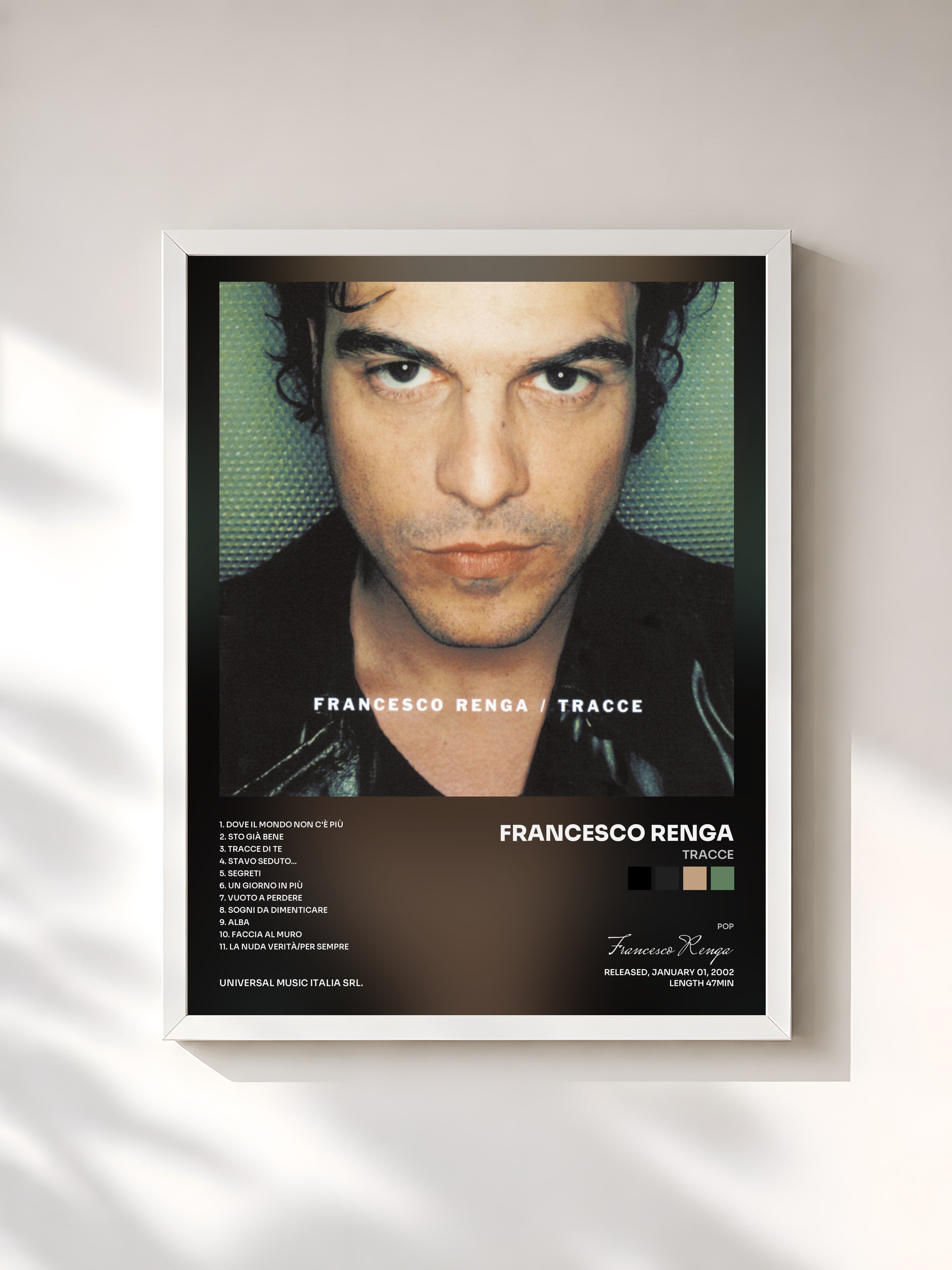 #blanc Tableau de l'album Tracce de Francesco Renga, cadre blanc, imprimé et encadré en France