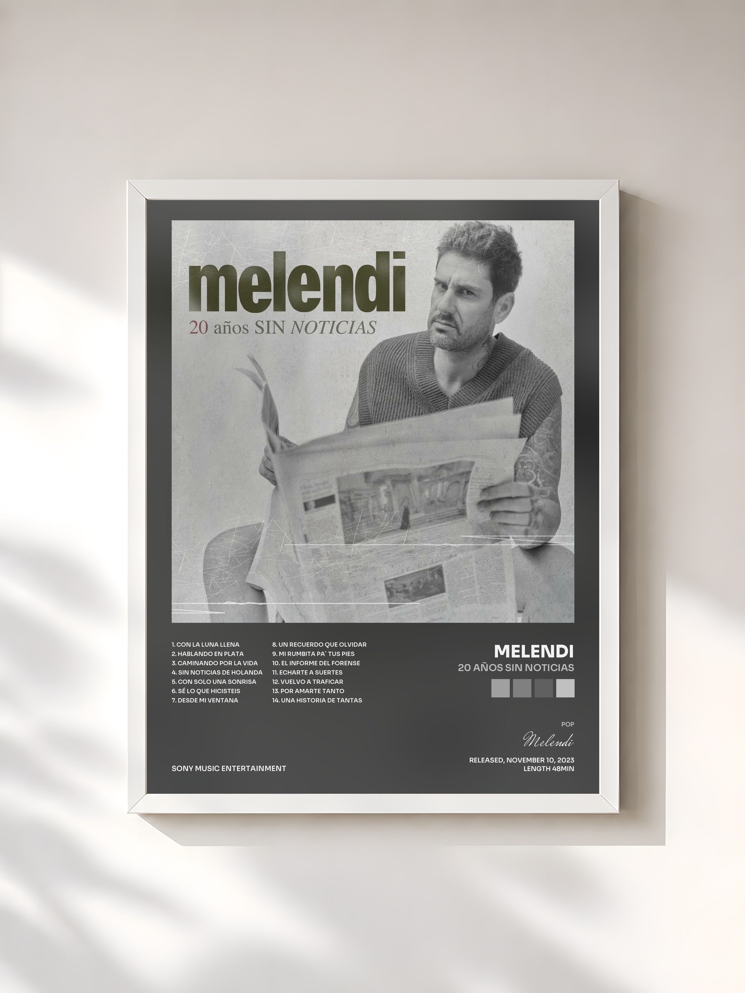 #blanc Tableau de l'album 20 Años Sin Noticias de Melendi, cadre blanc, imprimé et encadré en France