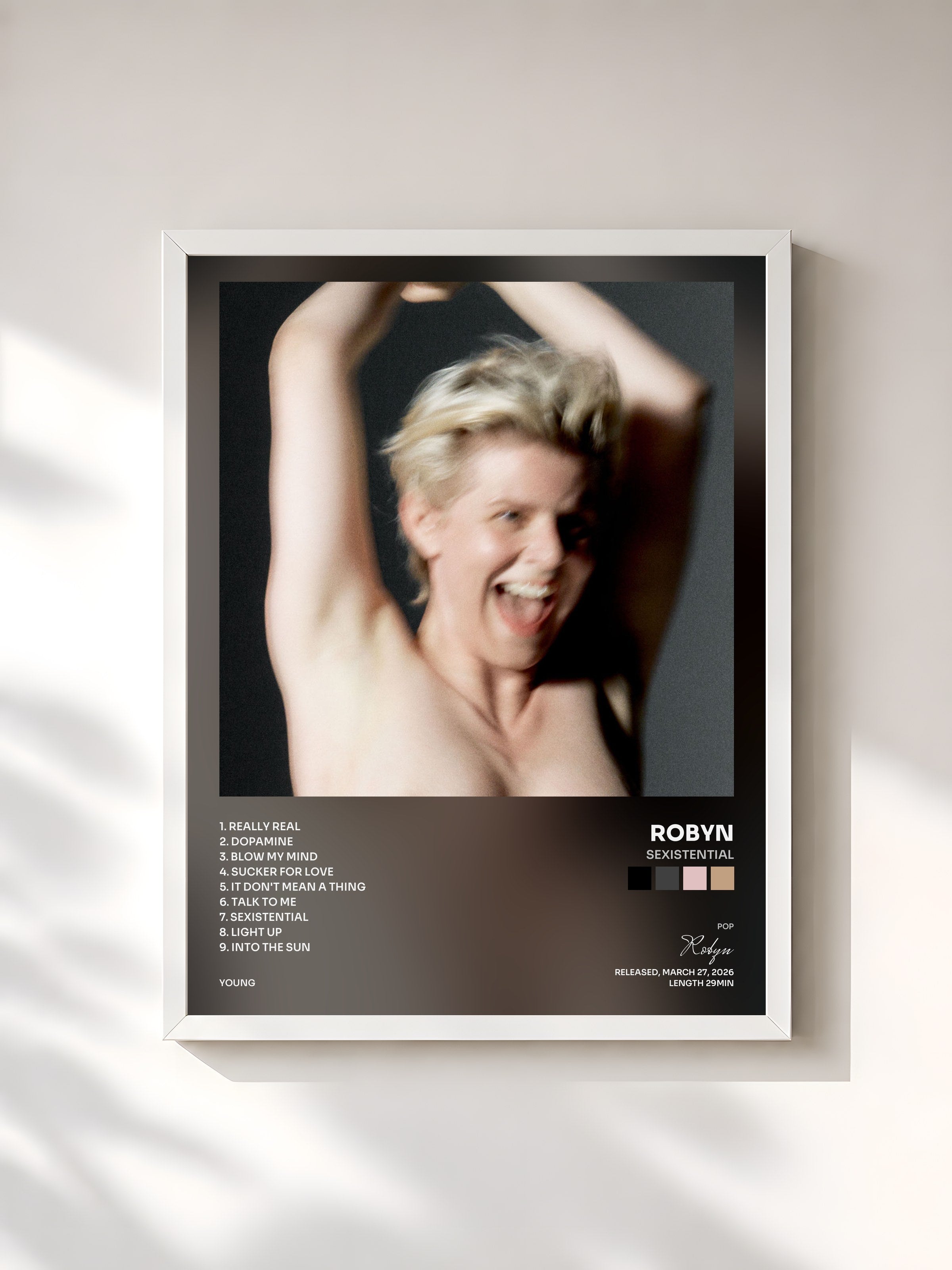 #blanc Tableau de l'album Sexistential de Robyn, cadre blanc, imprimé et encadré en France