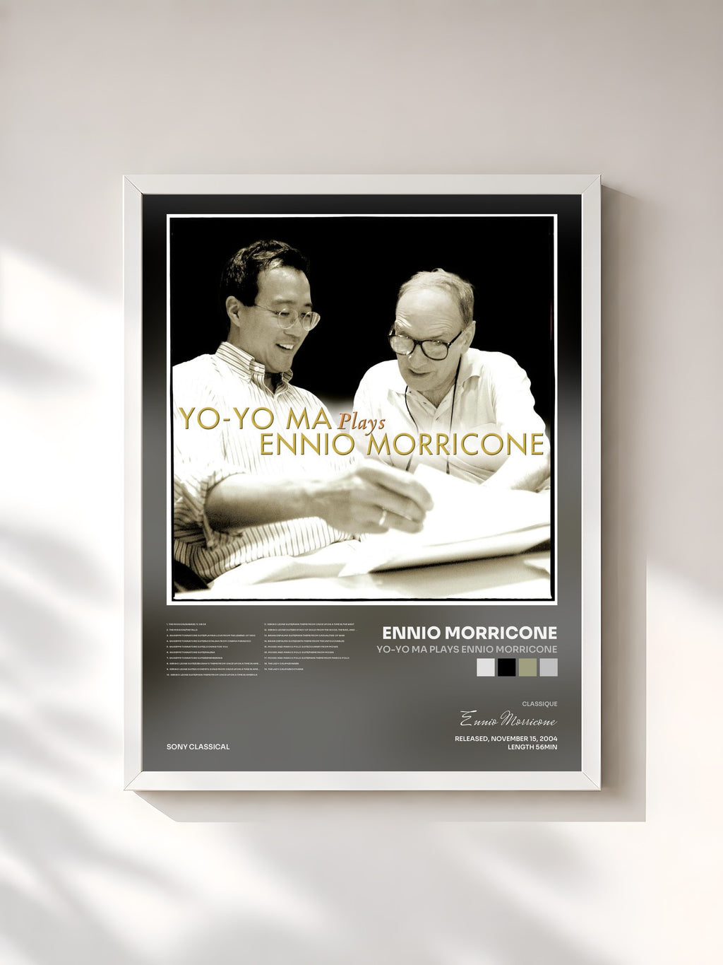 #blanc Tableau de l'album Yo-Yo Ma Plays Ennio Morricone de Ennio Morricone, cadre blanc, imprimé et encadré en France