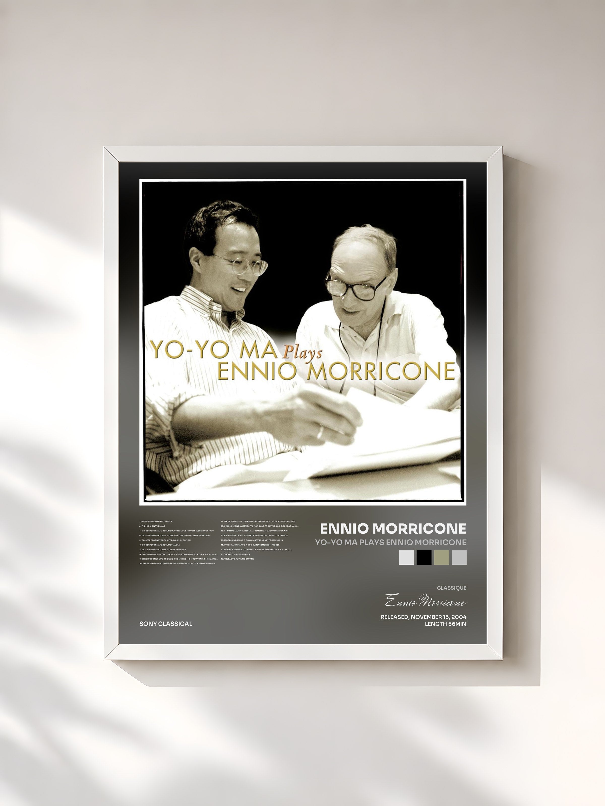 #blanc Tableau de l'album Yo-Yo Ma Plays Ennio Morricone de Ennio Morricone, cadre blanc, imprimé et encadré en France