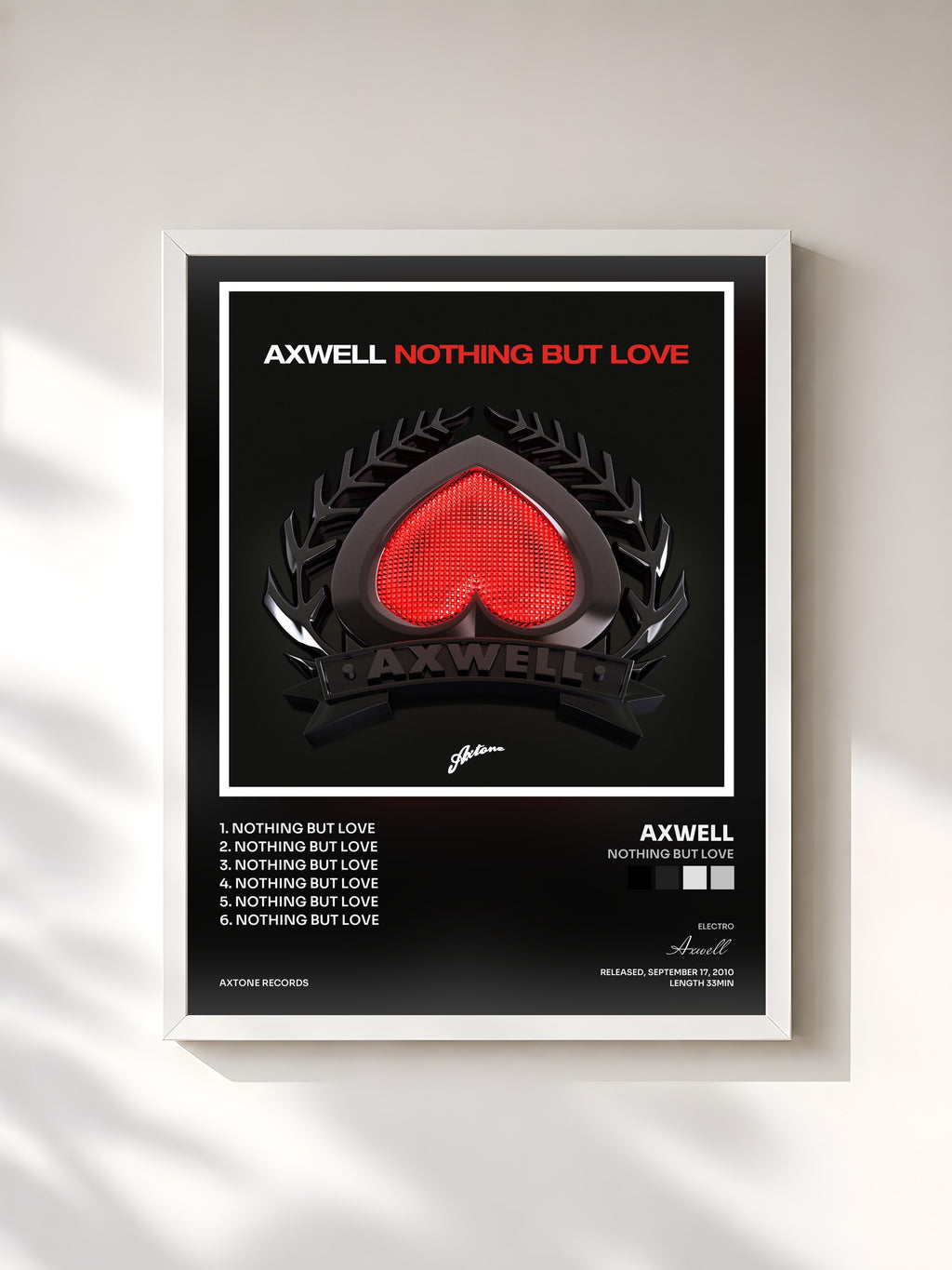 #blanc Tableau de l'album Nothing But Love de Axwell, cadre blanc, imprimé et encadré en France
