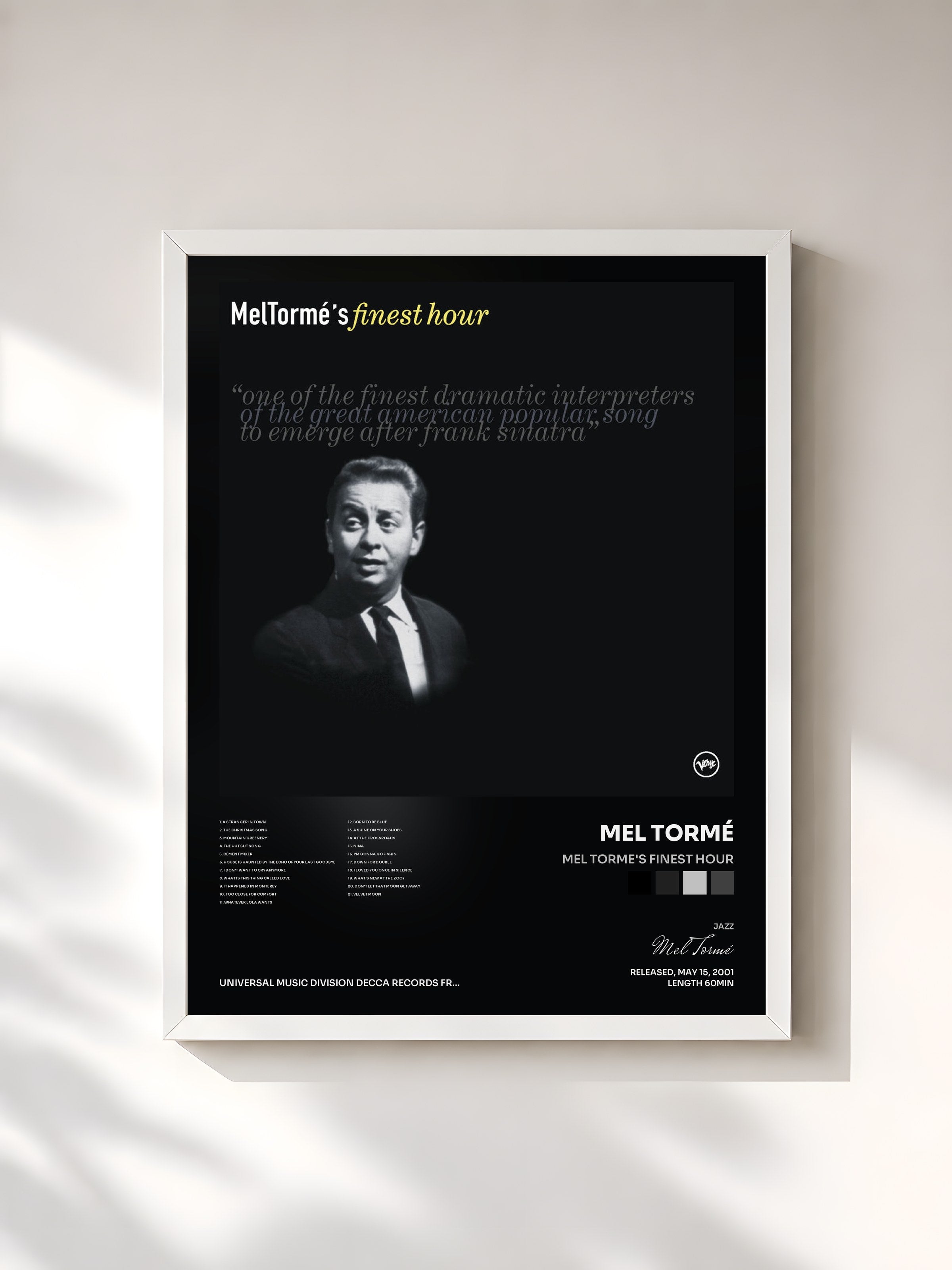 #blanc Tableau de l'album Mel Torme's Finest Hour de Mel Tormé, cadre blanc, imprimé et encadré en France