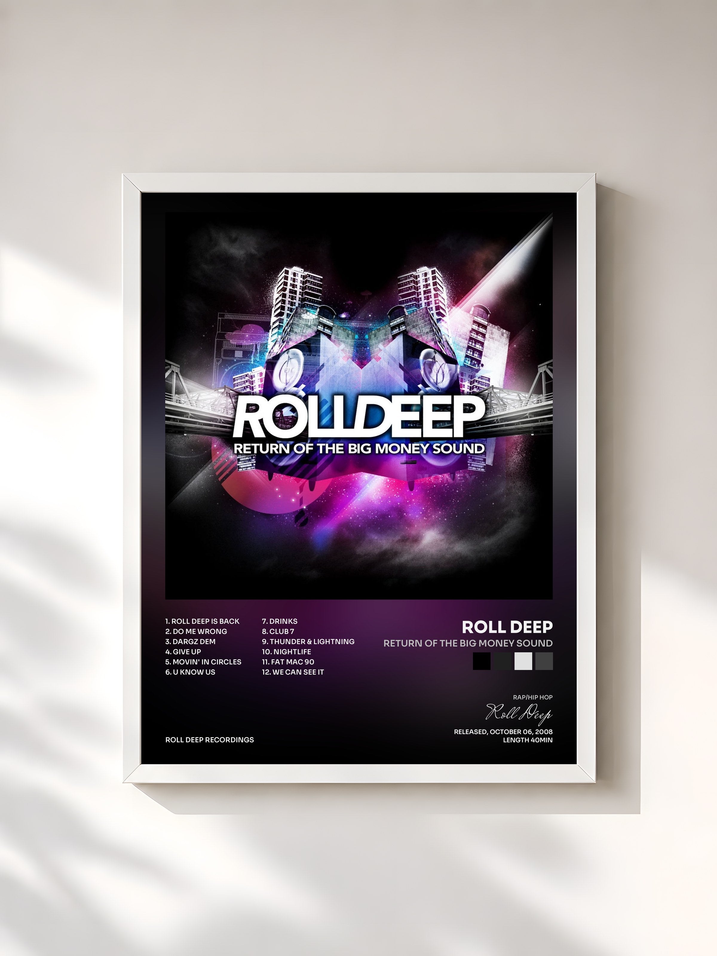 #blanc Tableau de l'album Return of the Big Money Sound de Roll Deep, cadre blanc, imprimé et encadré en France