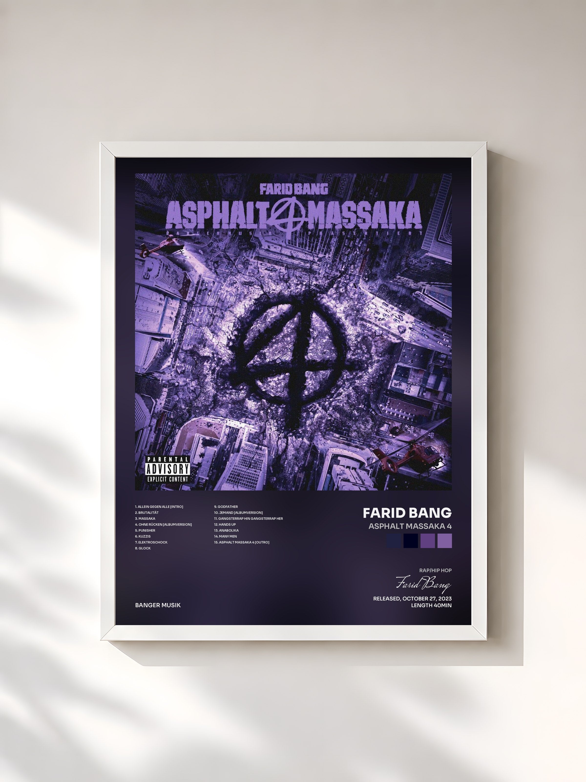#blanc Tableau de l'album ASPHALT MASSAKA 4 de Farid Bang, cadre blanc, imprimé et encadré en France