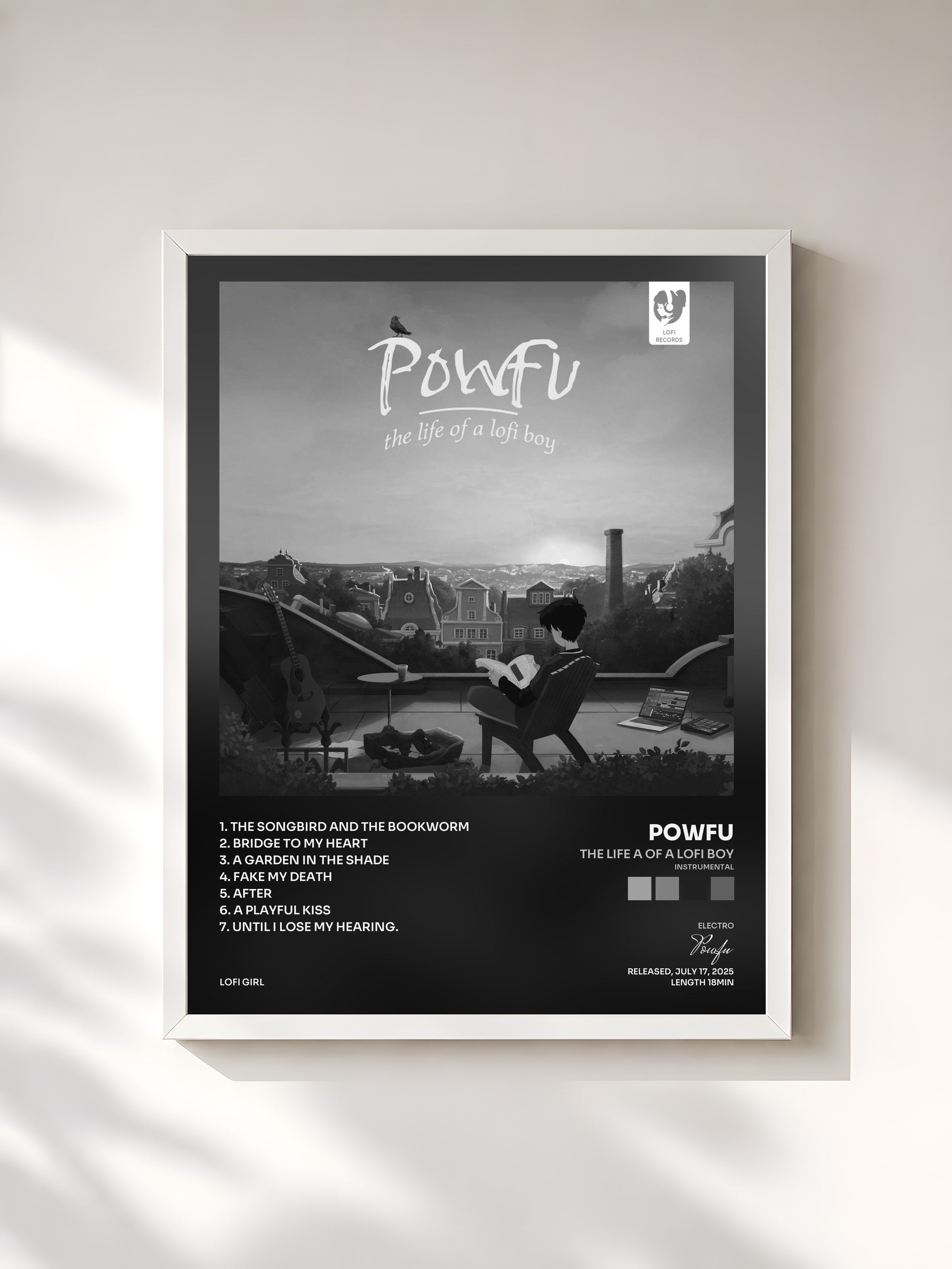 #blanc Tableau de l'album the life a of a lofi boy (Instrumental) de Powfu, cadre blanc, imprimé et encadré en France