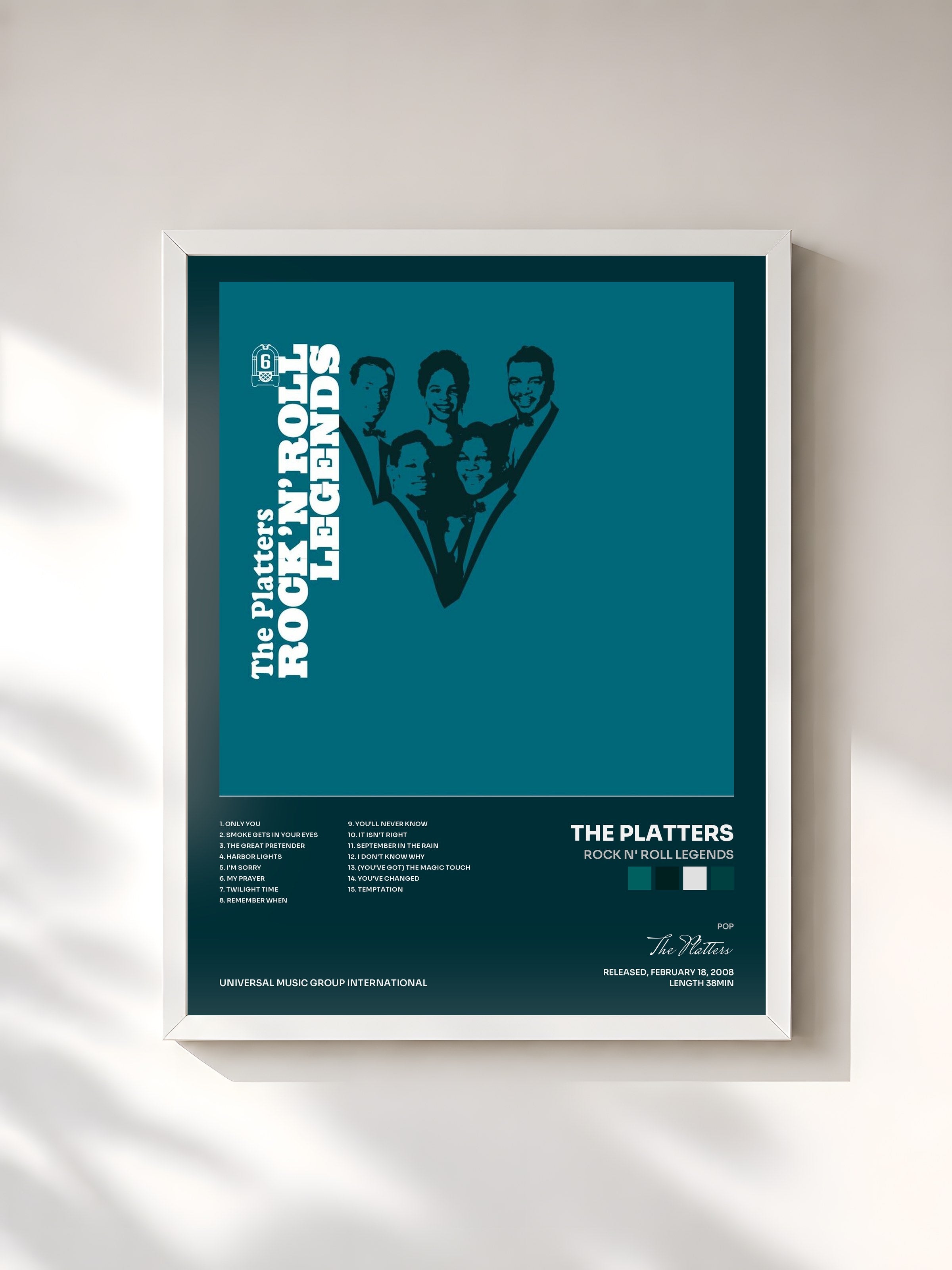 #blanc Tableau de l'album Rock N' Roll Legends de The Platters, cadre blanc, imprimé et encadré en France
