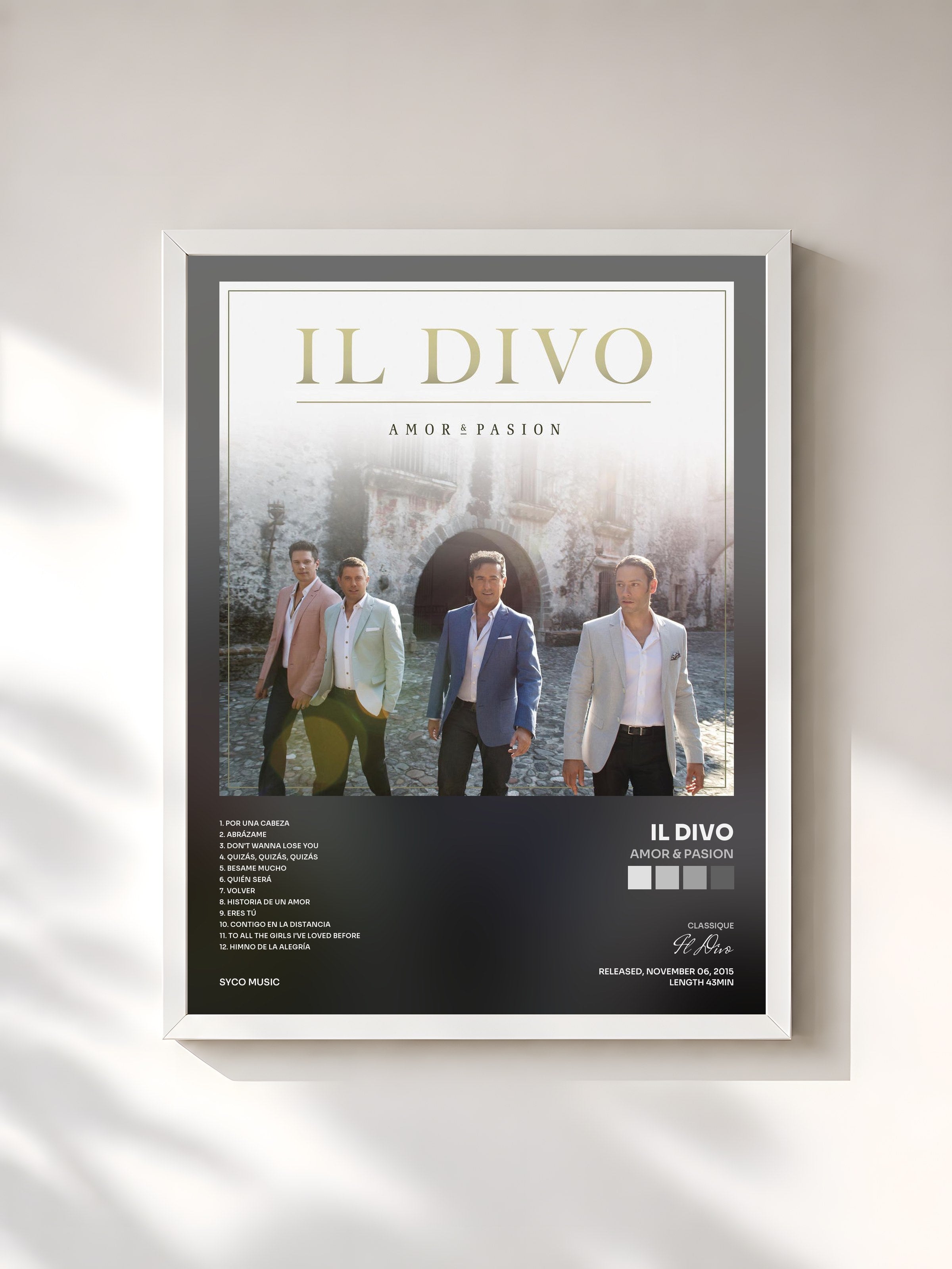 #blanc Tableau de l'album Amor & Pasion de Il Divo, cadre blanc, imprimé et encadré en France
