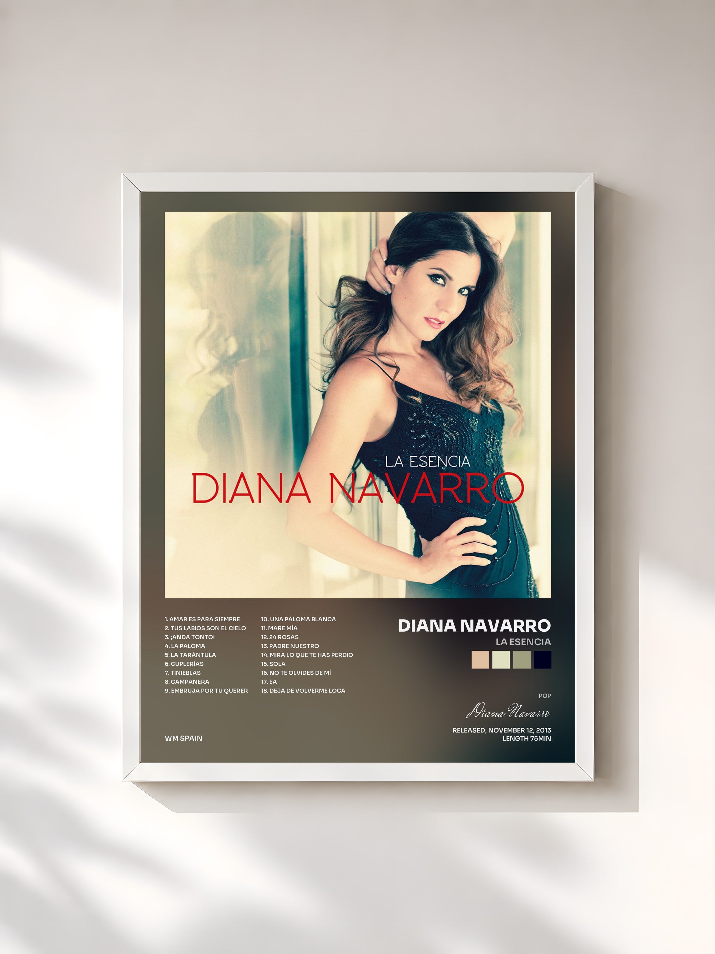 #blanc Tableau de l'album La Esencia de Diana Navarro, cadre blanc, imprimé et encadré en France