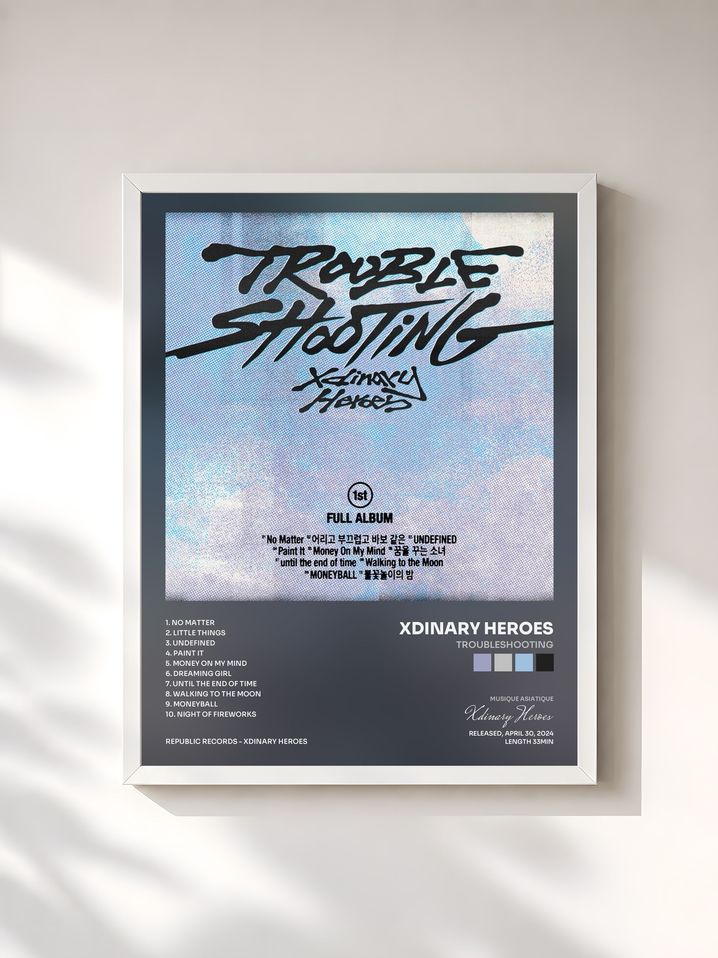 #blanc Tableau de l'album Troubleshooting de Xdinary Heroes, cadre blanc, imprimé et encadré en France