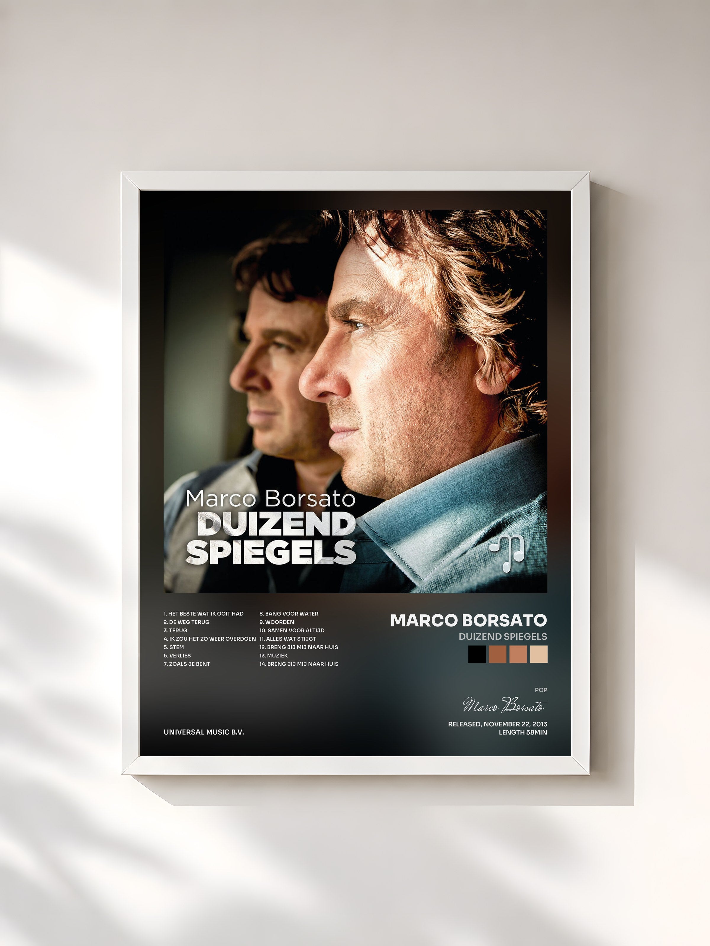 #blanc Tableau de l'album Duizend Spiegels de Marco Borsato, cadre blanc, imprimé et encadré en France