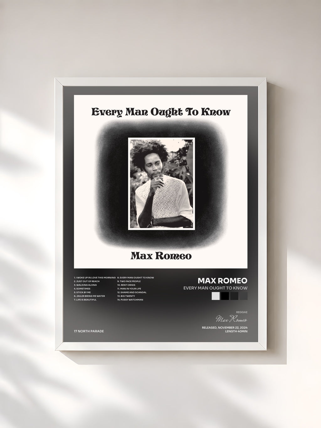 #blanc Tableau de l'album Every Man Ought To Know de Max Romeo, cadre blanc, imprimé et encadré en France