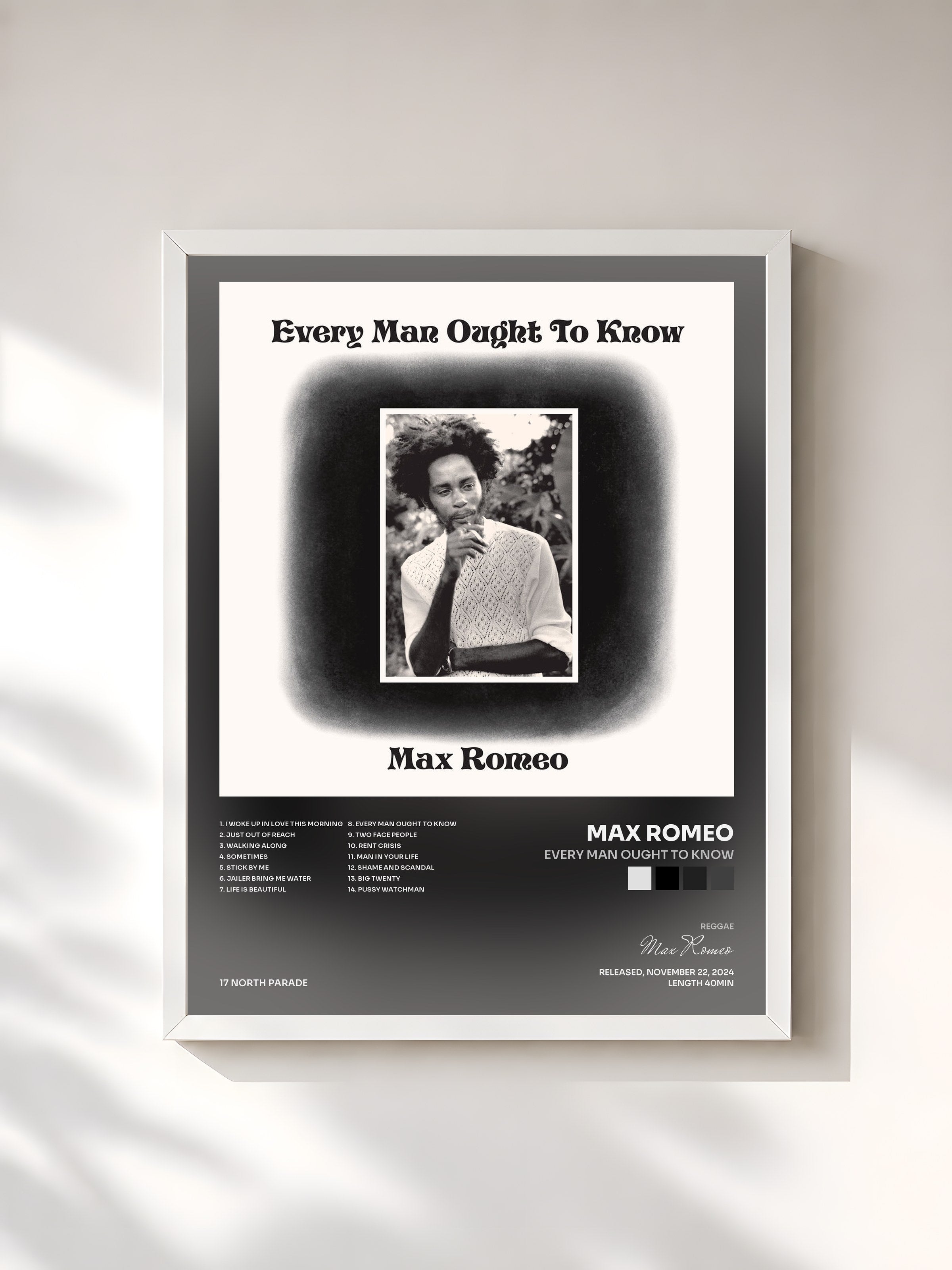 #blanc Tableau de l'album Every Man Ought To Know de Max Romeo, cadre blanc, imprimé et encadré en France