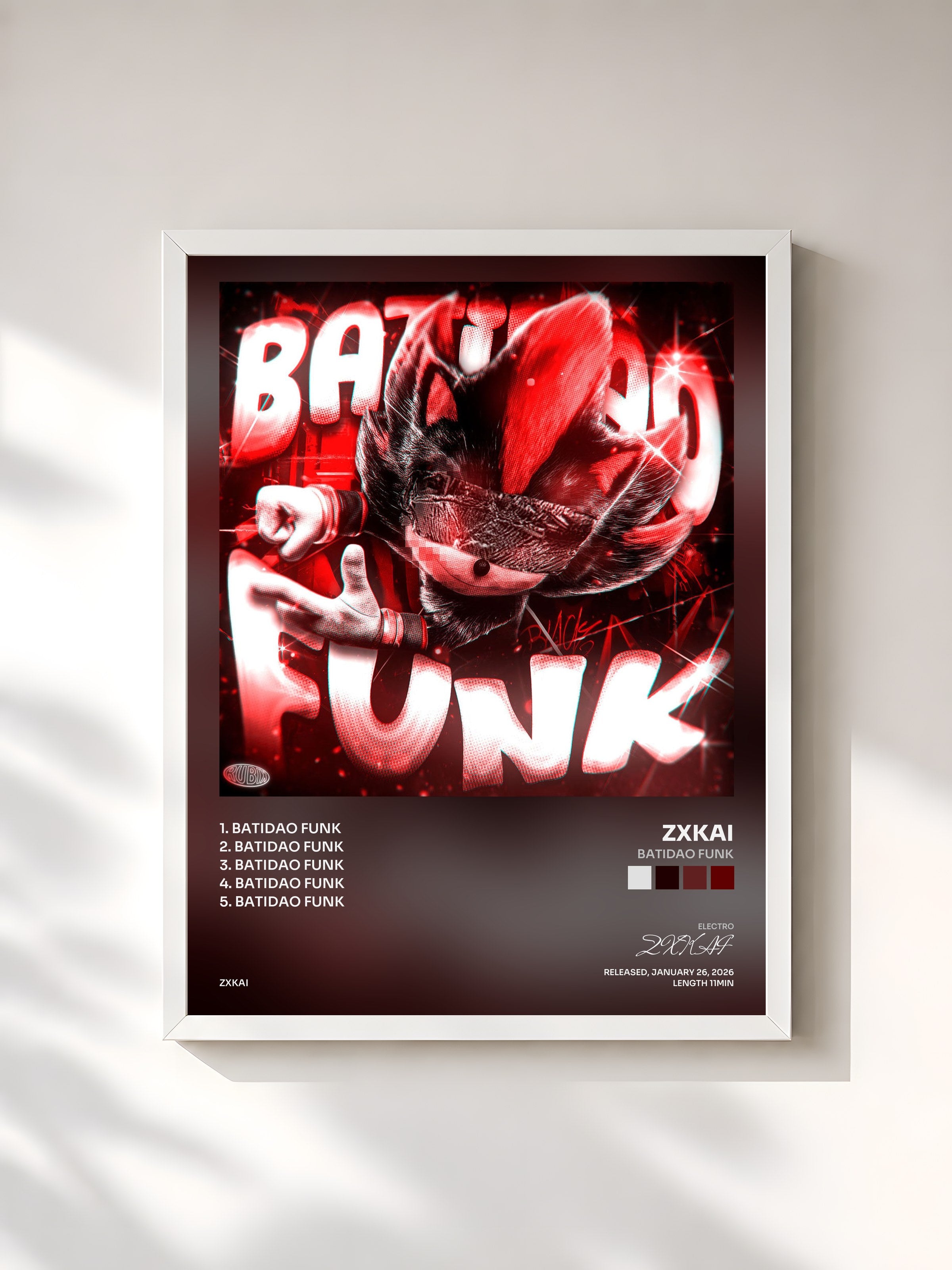 #blanc Tableau de l'album BATIDAO FUNK de ZXKAI, cadre blanc, imprimé et encadré en France