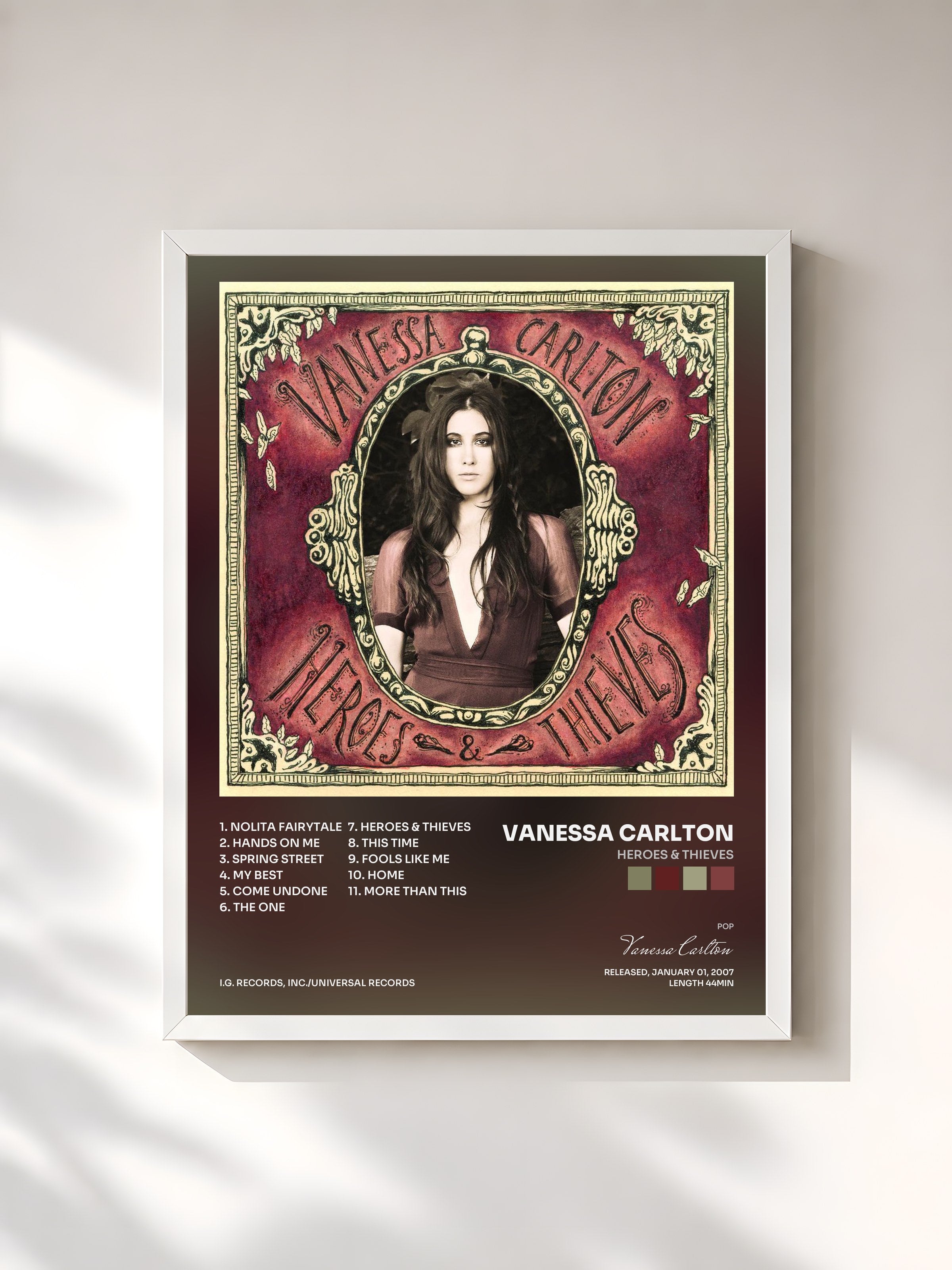 #blanc Tableau de l'album Heroes & Thieves de Vanessa Carlton, cadre blanc, imprimé et encadré en France