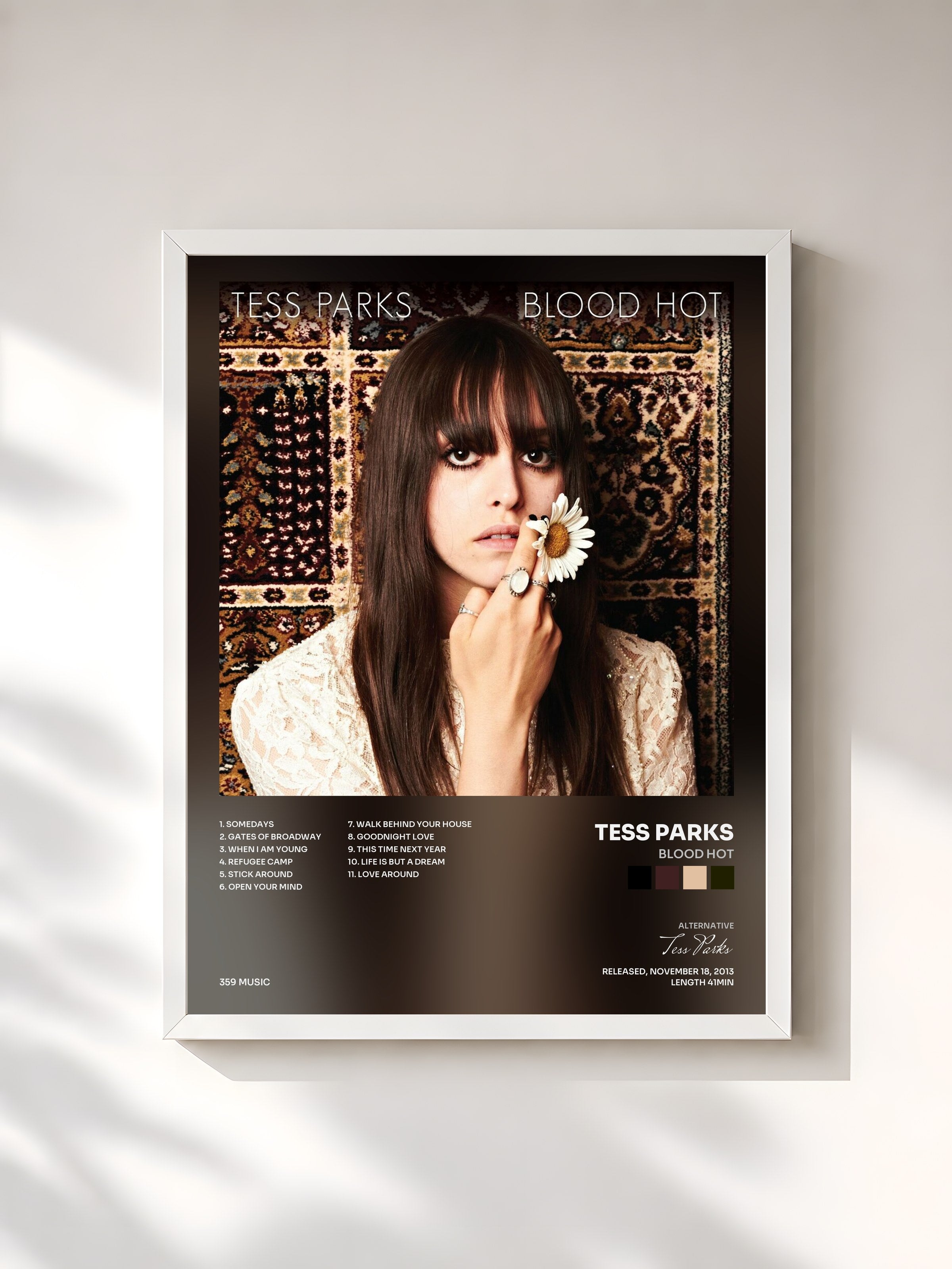 #blanc Tableau de l'album Blood Hot de Tess Parks, cadre blanc, imprimé et encadré en France