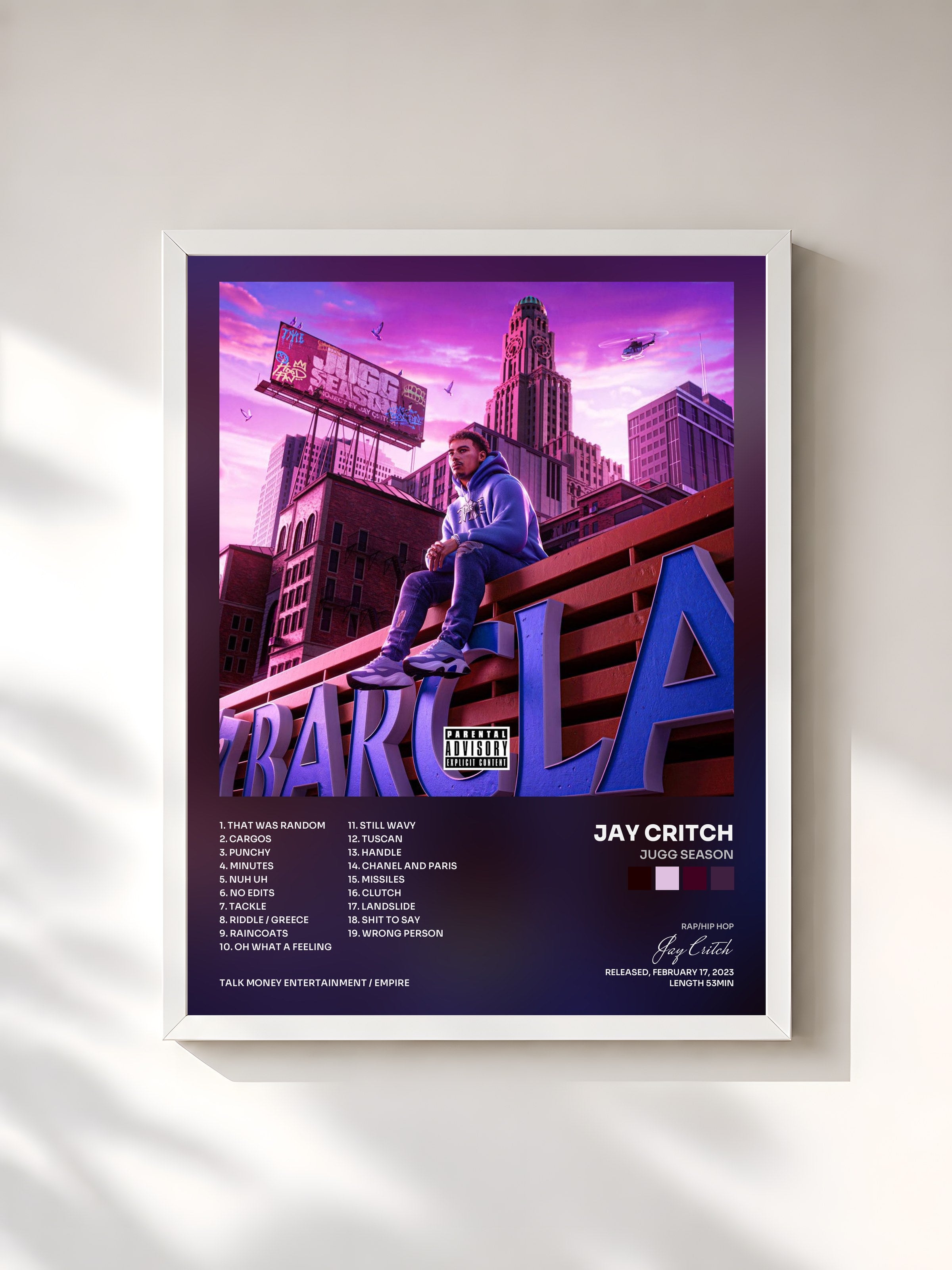 #blanc Tableau de l'album Jugg Season de Jay Critch, cadre blanc, imprimé et encadré en France