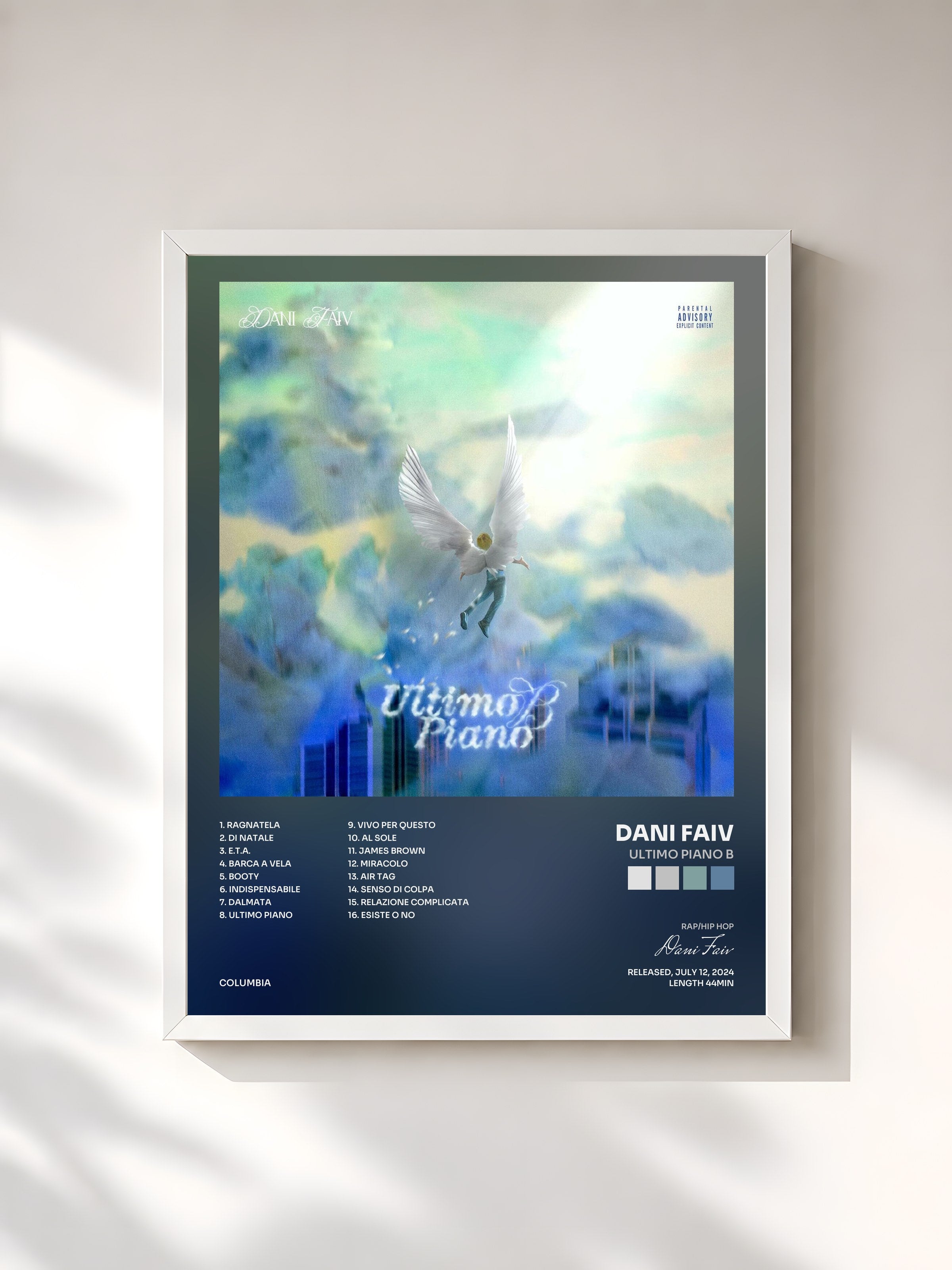 #blanc Tableau de l'album Ultimo Piano B de Dani Faiv, cadre blanc, imprimé et encadré en France