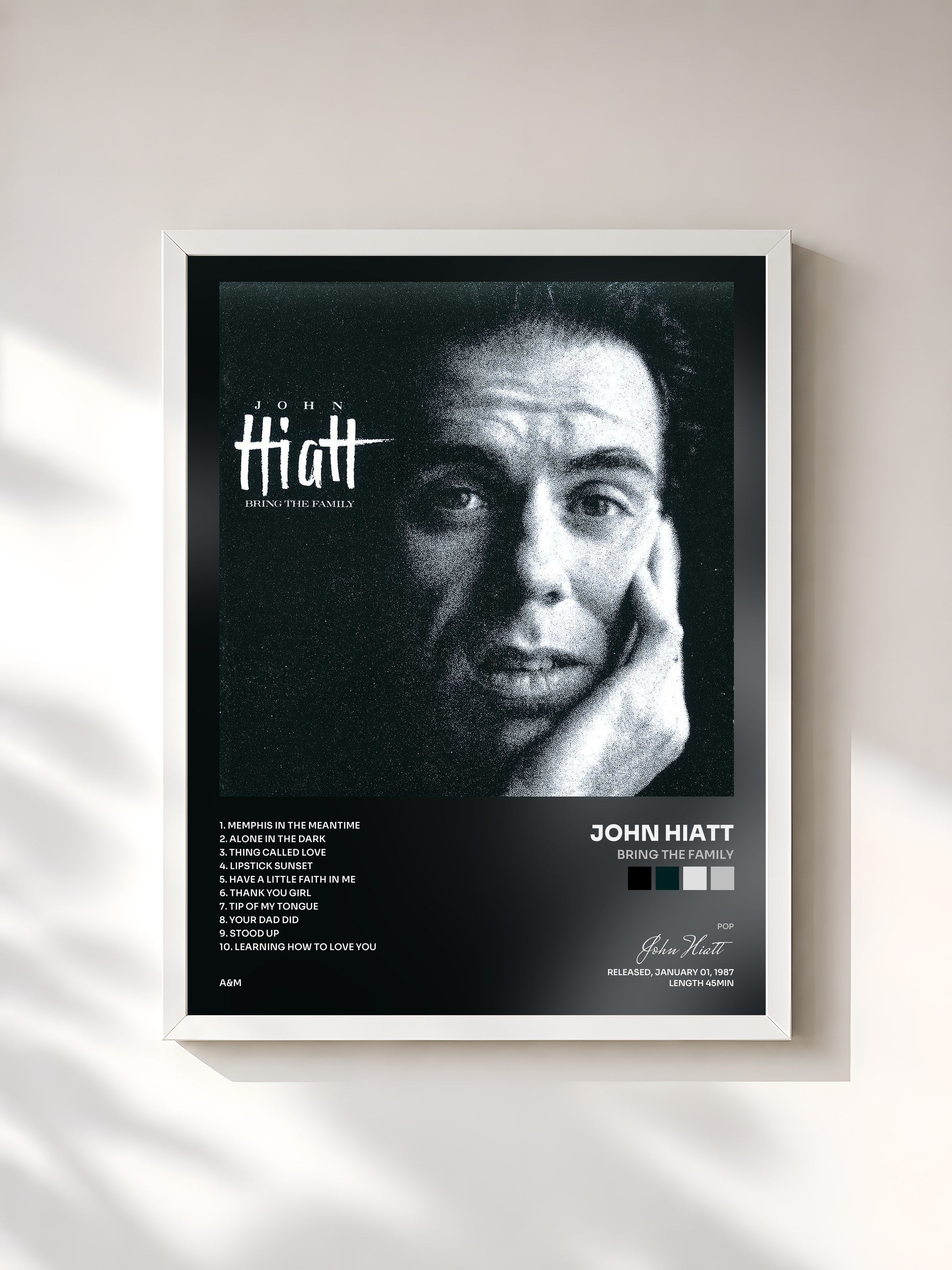 #blanc Tableau de l'album Bring The Family de John Hiatt, cadre blanc, imprimé et encadré en France