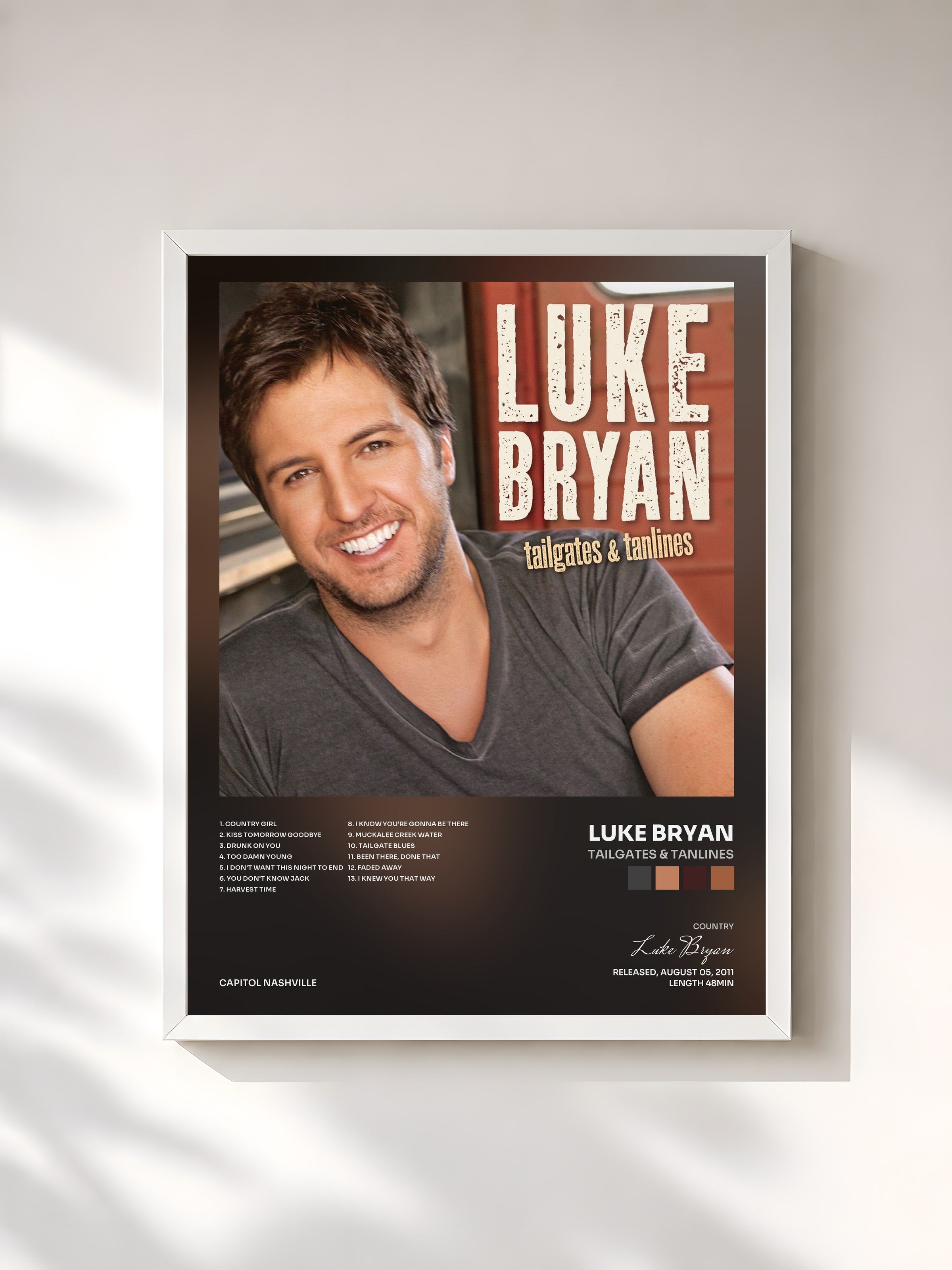 #blanc Tableau de l'album Tailgates & Tanlines de Luke Bryan, cadre blanc, imprimé et encadré en France