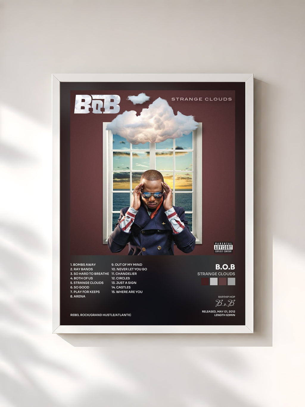 #blanc Tableau de l'album Strange Clouds de B.o.B, cadre blanc, imprimé et encadré en France