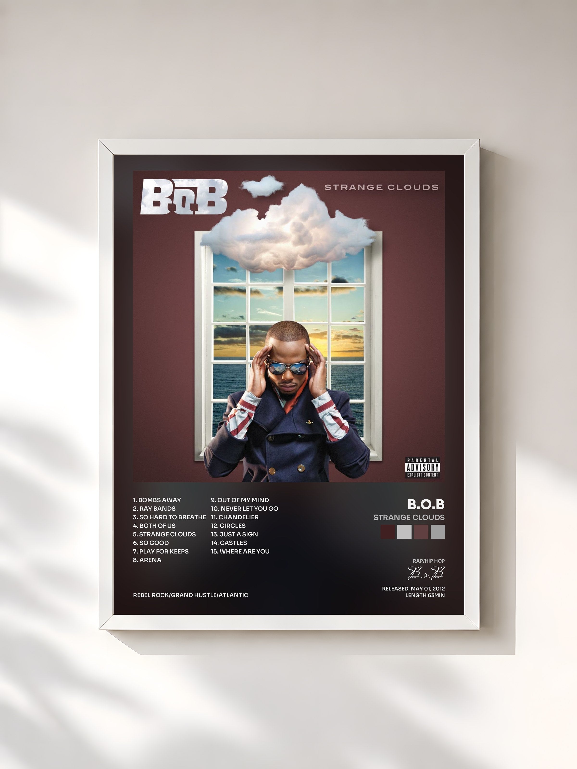 #blanc Tableau de l'album Strange Clouds de B.o.B, cadre blanc, imprimé et encadré en France