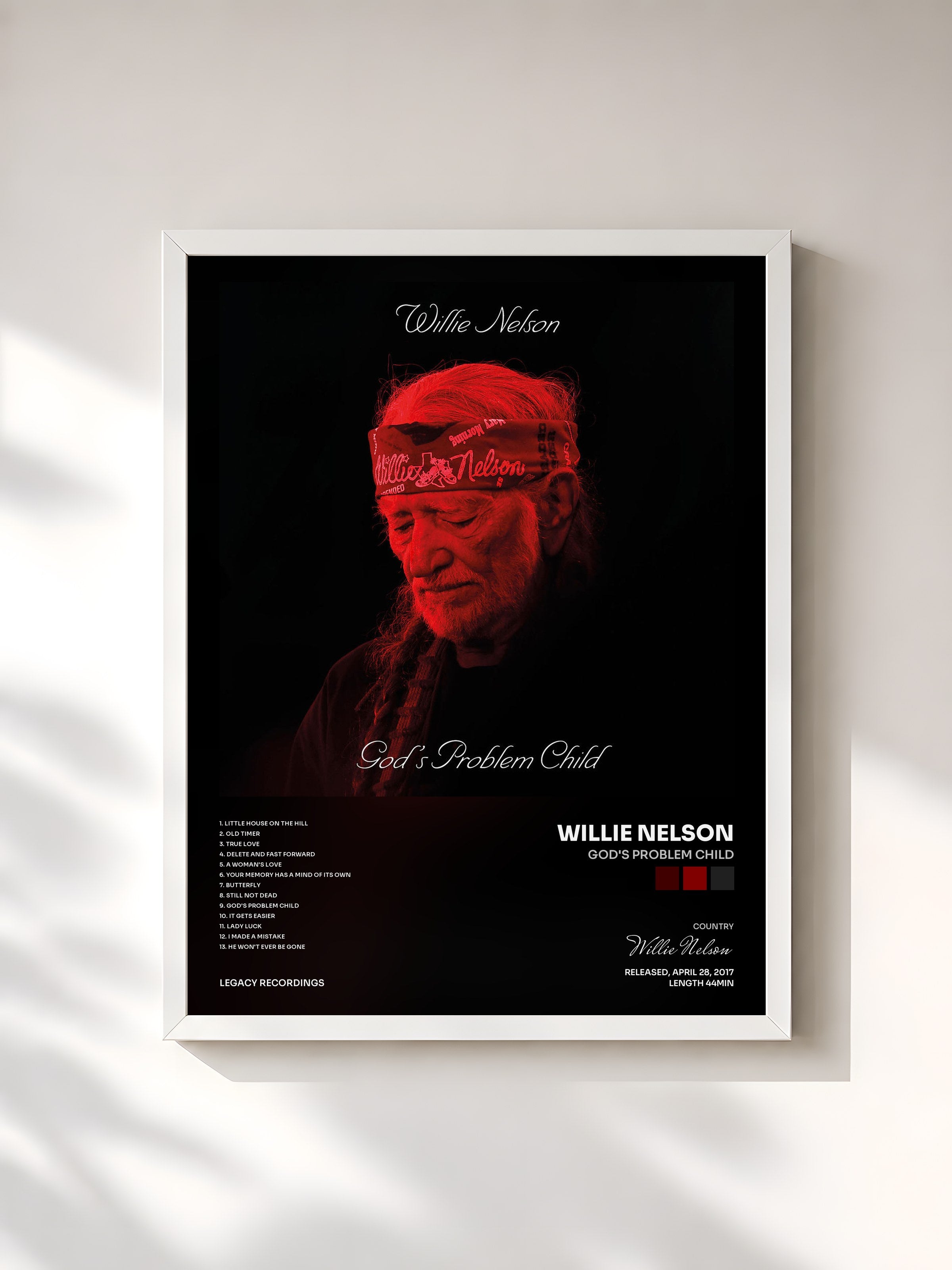 #blanc Tableau de l'album God's Problem Child de Willie Nelson, cadre blanc, imprimé et encadré en France