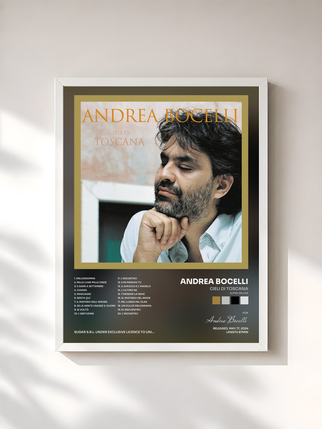 #blanc Tableau de l'album Cieli Di Toscana (Super Deluxe) de Andrea Bocelli, cadre blanc, imprimé et encadré en France