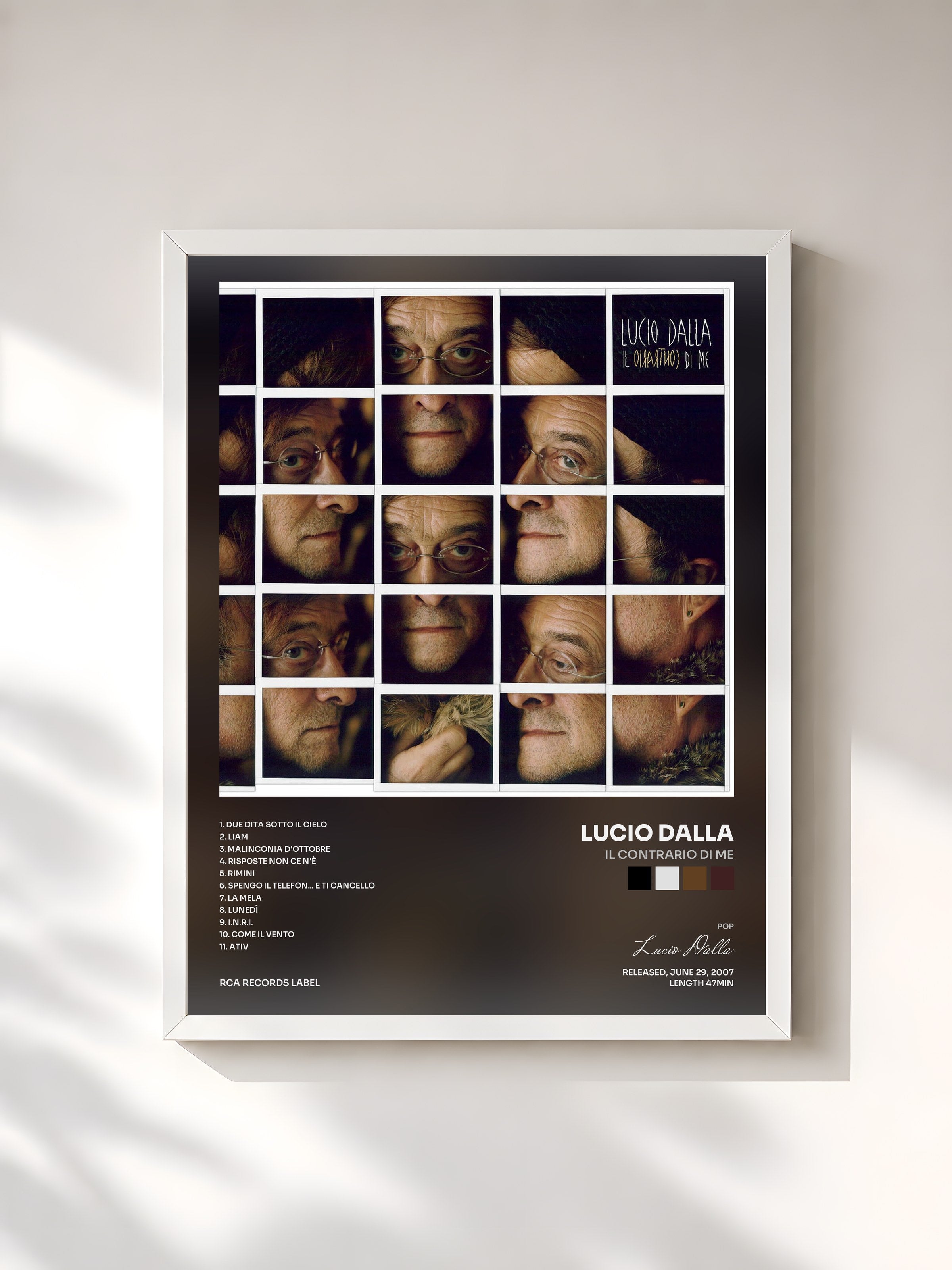 #blanc Tableau de l'album Il Contrario Di Me de Lucio Dalla, cadre blanc, imprimé et encadré en France