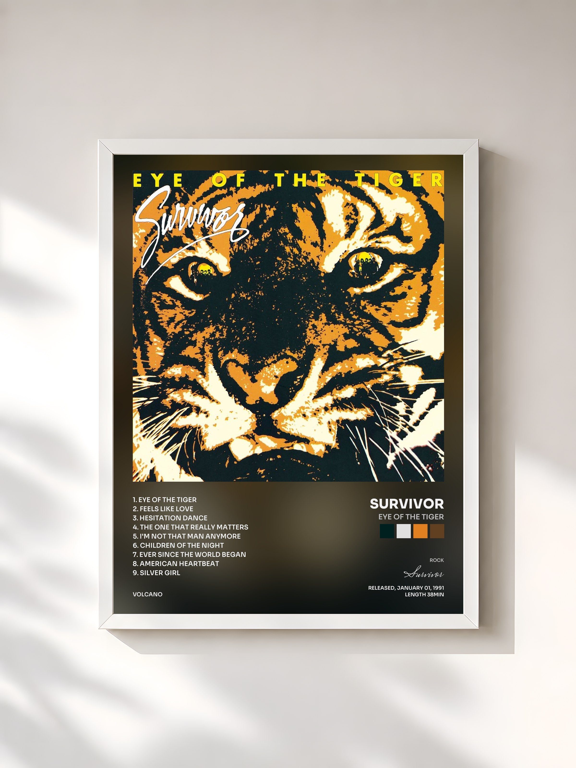 #blanc Tableau de l'album Eye Of The Tiger de Survivor, cadre blanc, imprimé et encadré en France