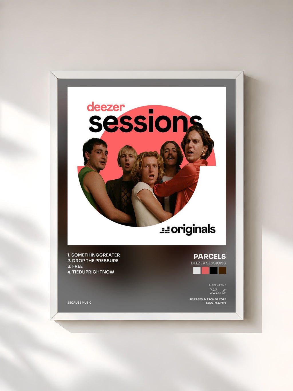 #blanc Deezer Sessions de Parcels en lámina enmarcada, marco blanco, impresa y enmarcada en Francia