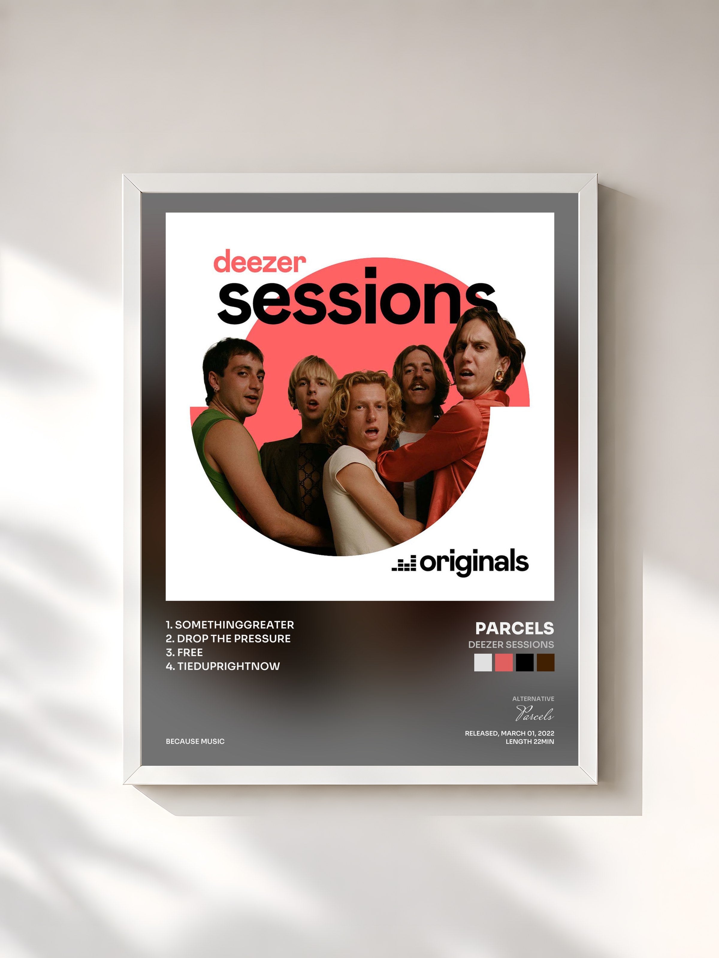 #blanc Tableau de l'album Deezer Sessions de Parcels, cadre blanc, imprimé et encadré en France