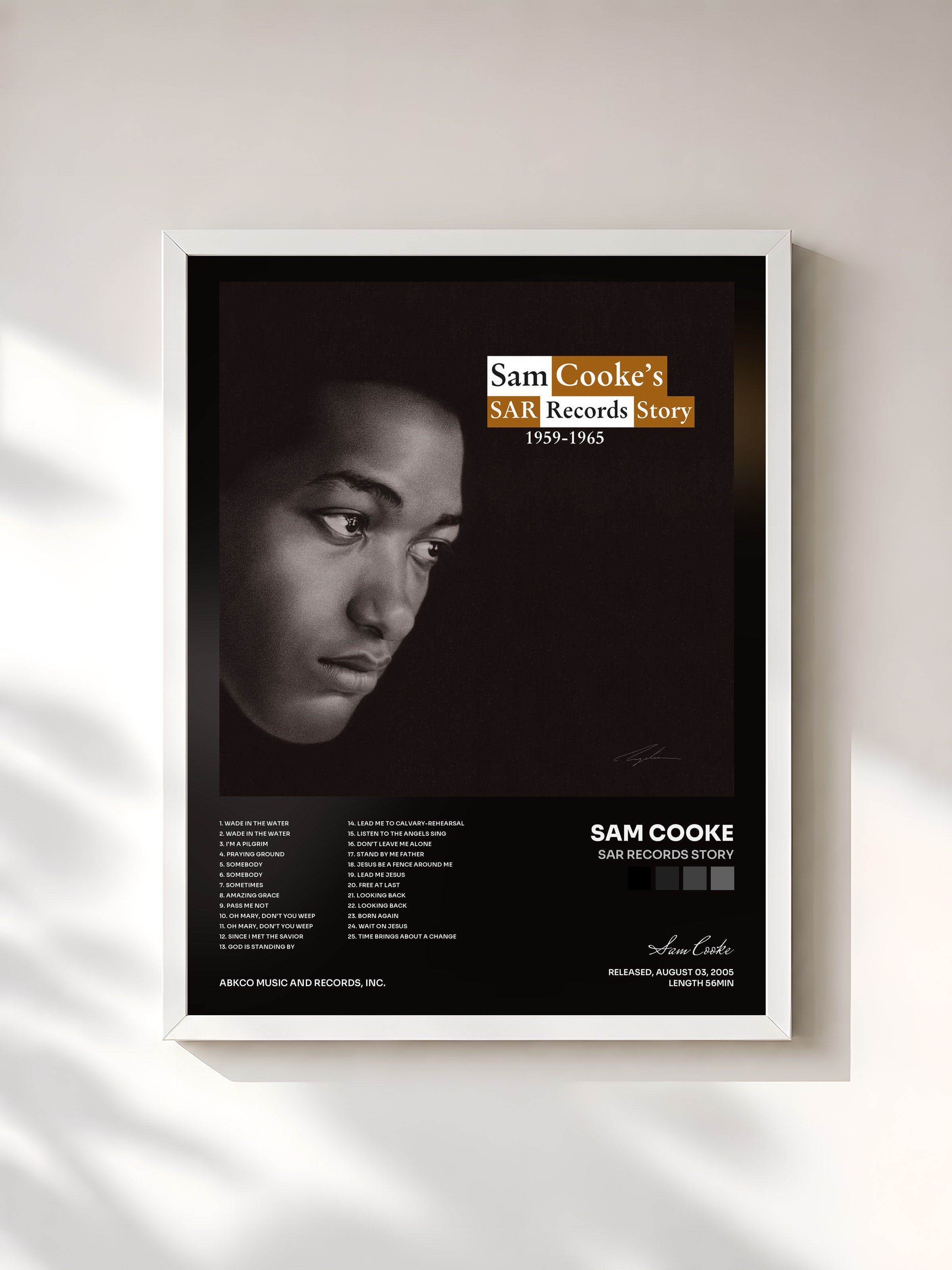 #blanc Tableau de l'album SAR Records Story de Sam Cooke, cadre blanc, imprimé et encadré en France