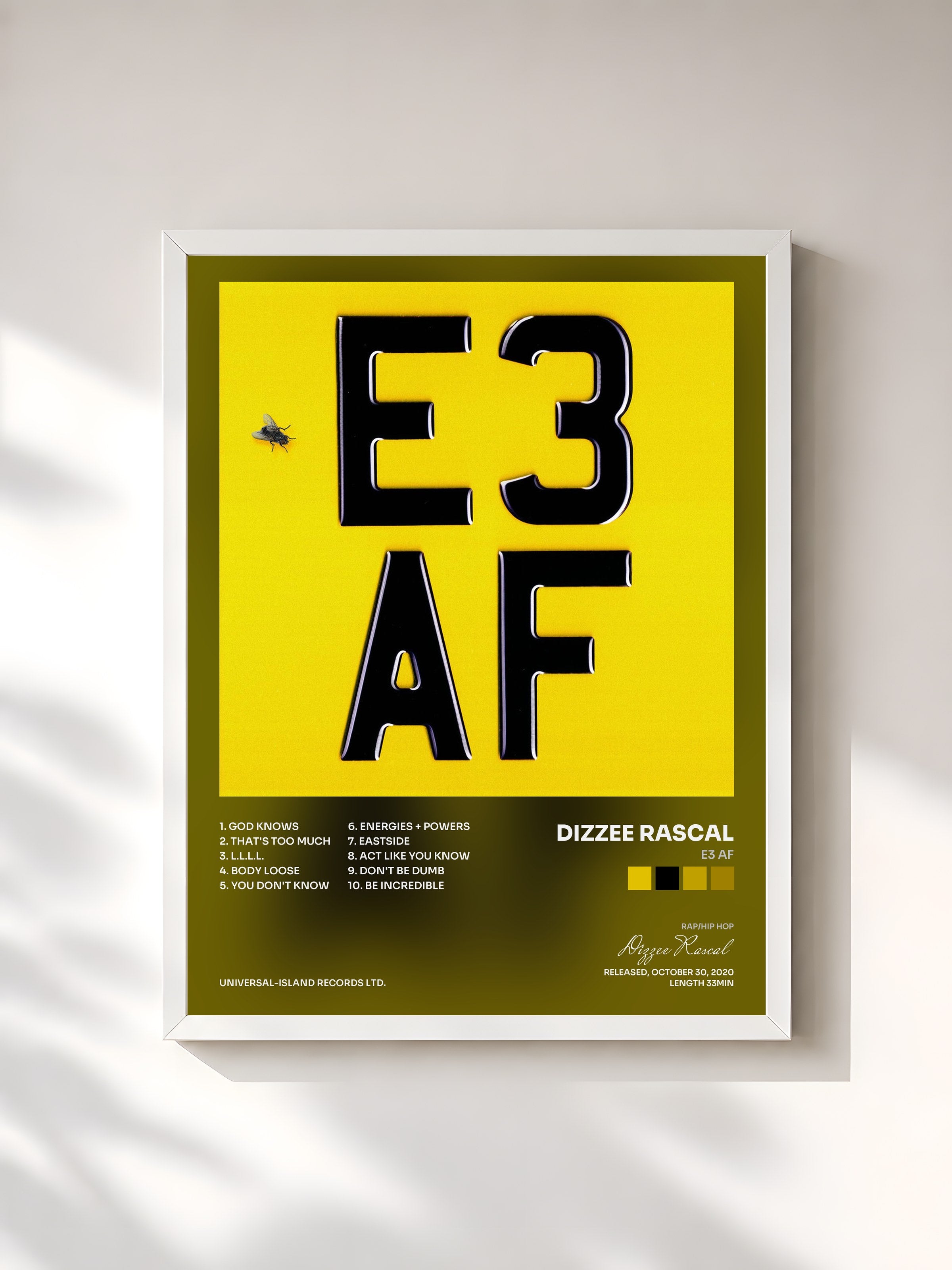 #blanc Tableau de l'album E3 AF de Dizzee Rascal, cadre blanc, imprimé et encadré en France