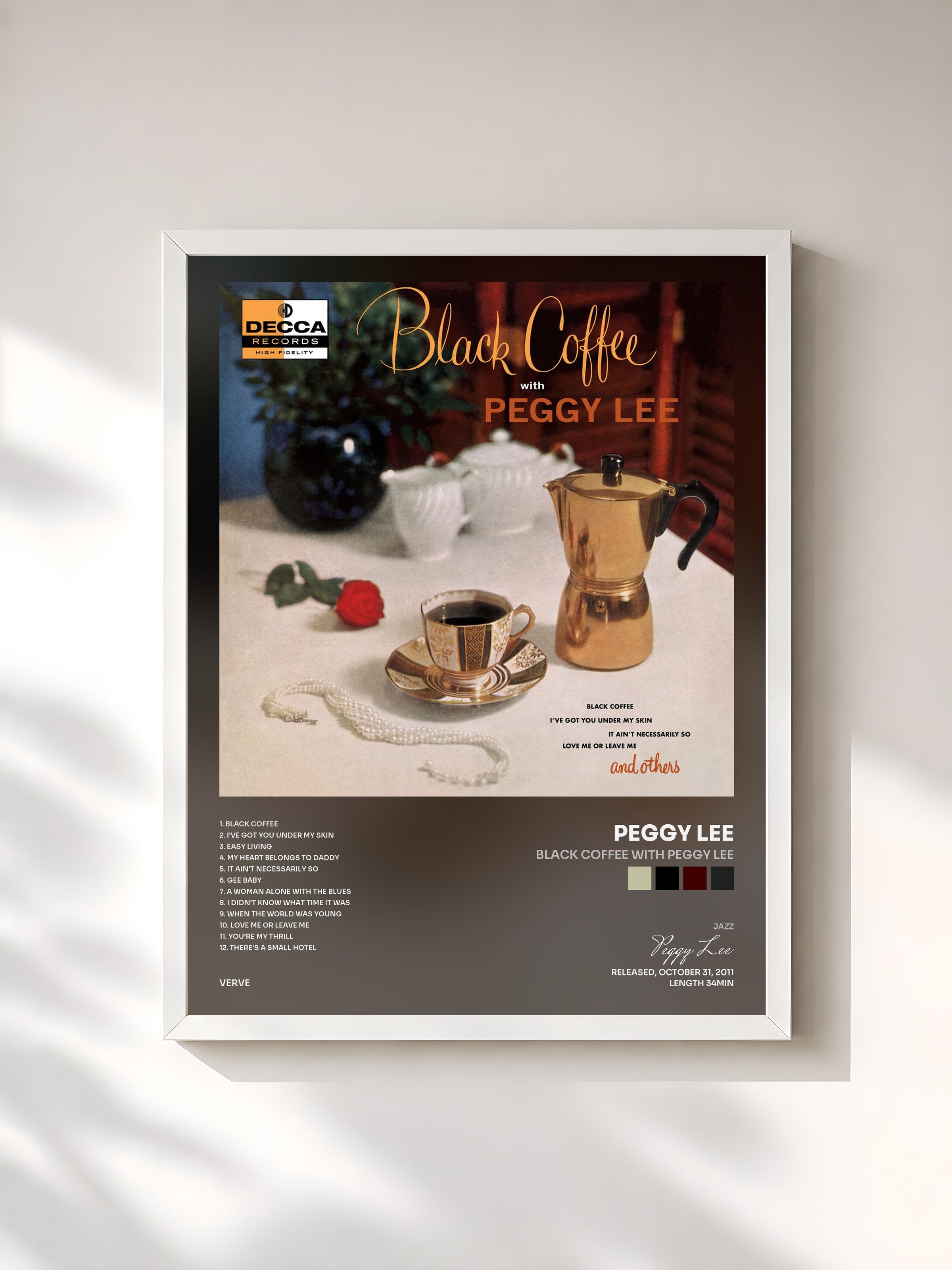 #blanc Tableau de l'album Black Coffee With Peggy Lee de Peggy Lee, cadre blanc, imprimé et encadré en France