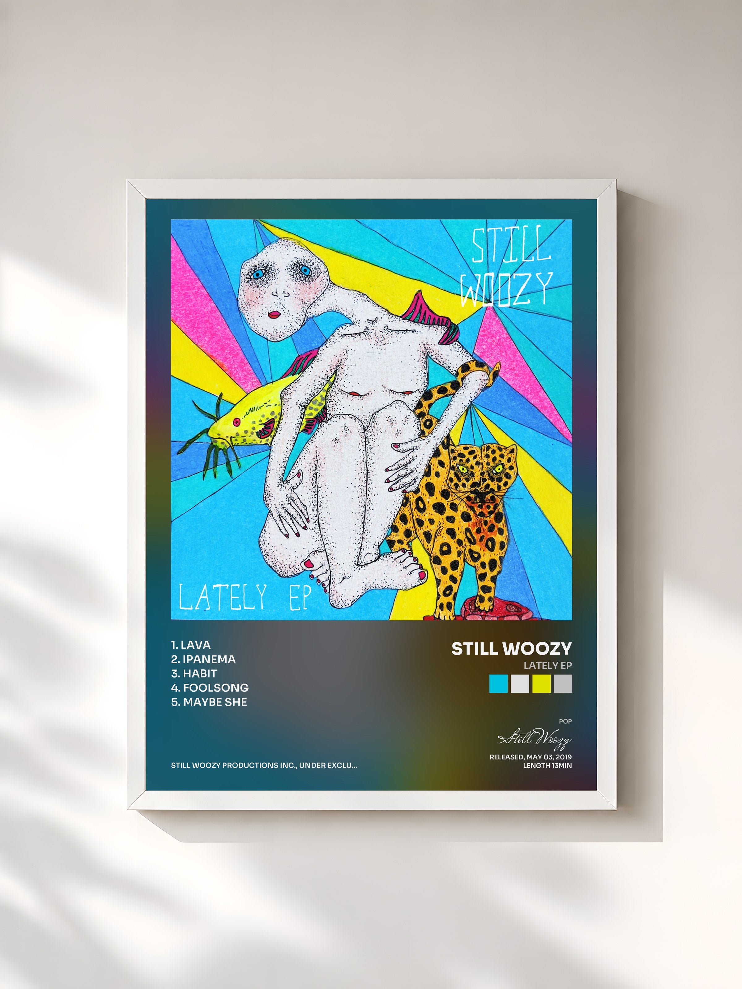 #blanc Tableau de l'album Lately EP de Still Woozy, cadre blanc, imprimé et encadré en France