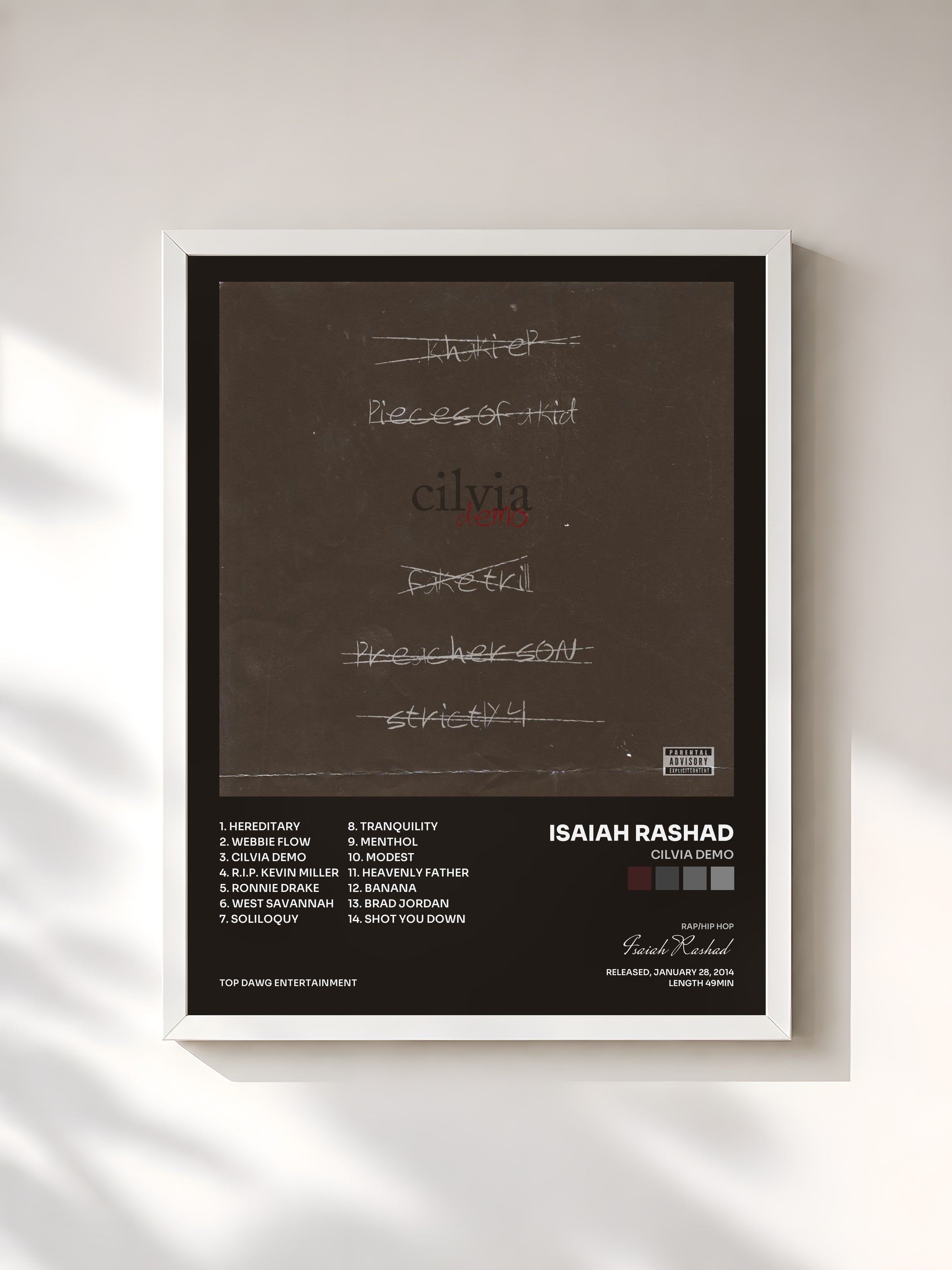 #blanc Tableau de l'album Cilvia Demo de Isaiah Rashad, cadre blanc, imprimé et encadré en France
