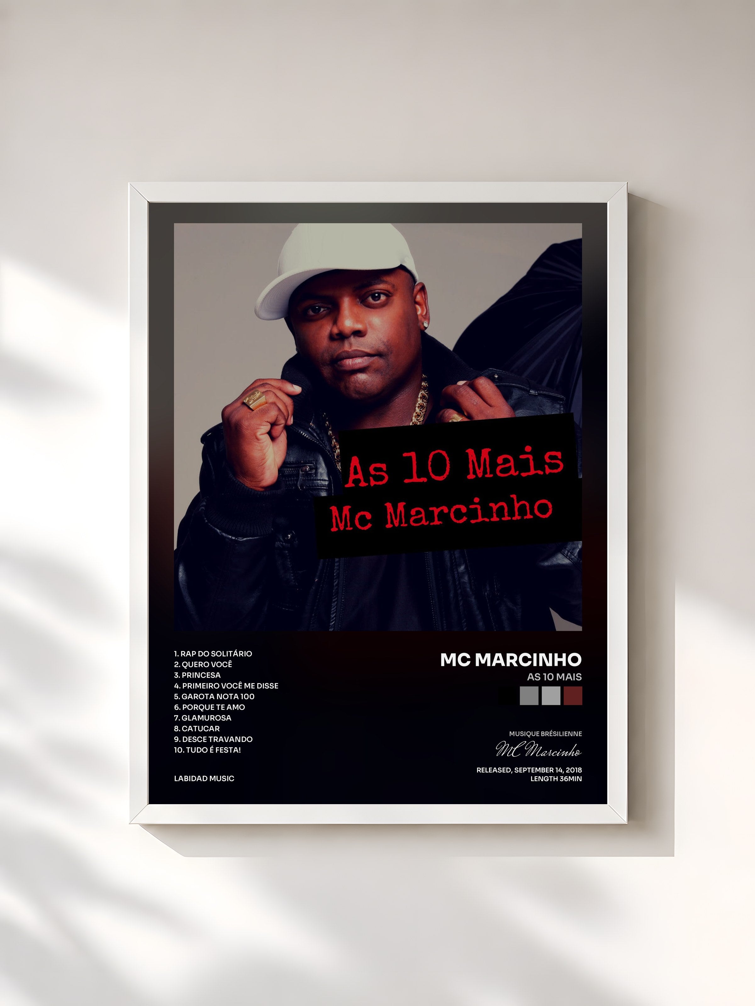 #blanc Tableau de l'album As 10 Mais de MC Marcinho, cadre blanc, imprimé et encadré en France