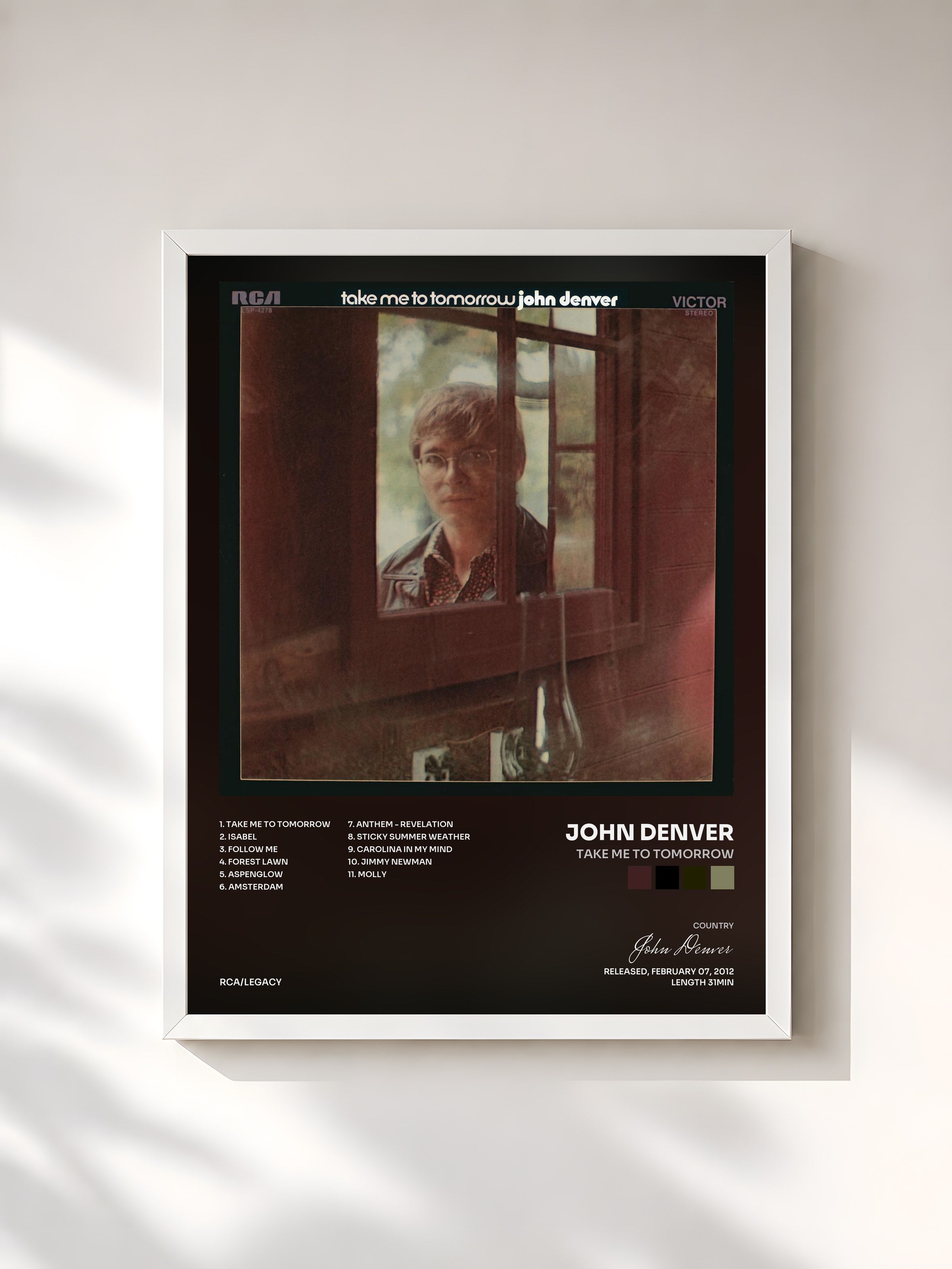 #blanc Tableau de l'album Take Me To Tomorrow de John Denver, cadre blanc, imprimé et encadré en France