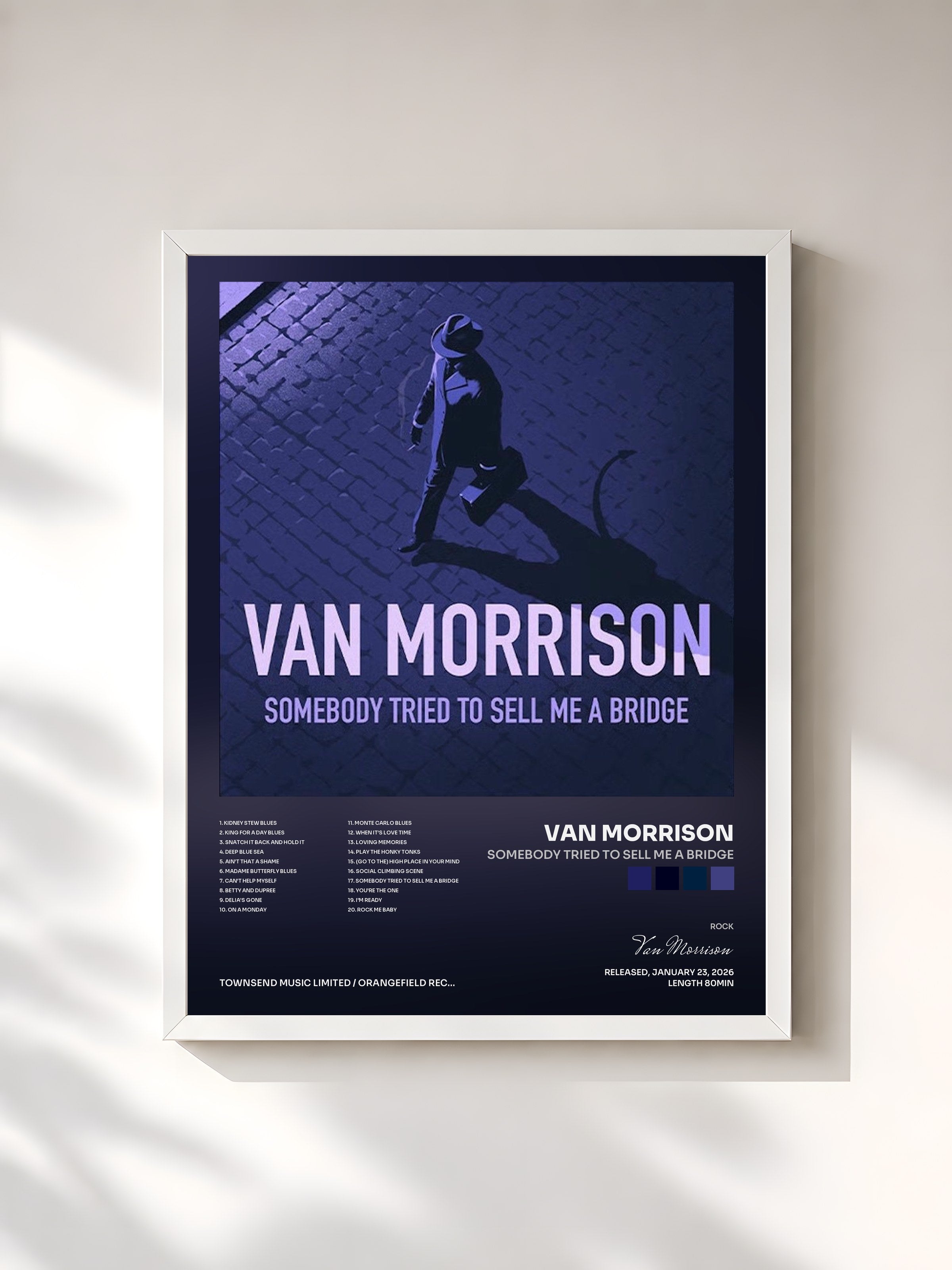#blanc Tableau de l'album Somebody Tried To Sell Me A Bridge de Van Morrison, cadre blanc, imprimé et encadré en France