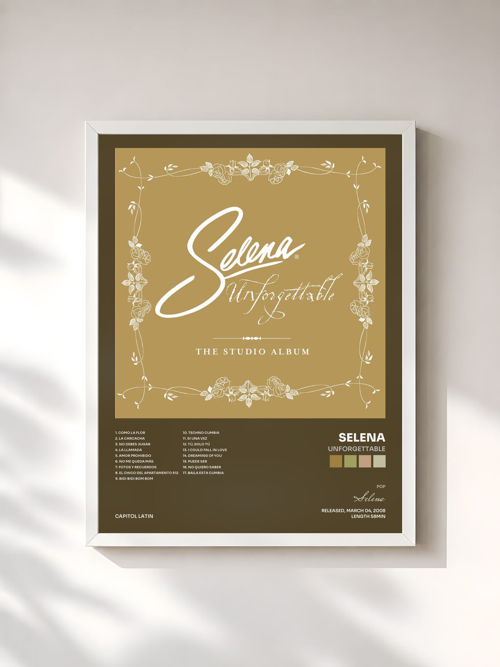 #blanc Tableau de l'album Unforgettable de Selena, cadre blanc, imprimé et encadré en France