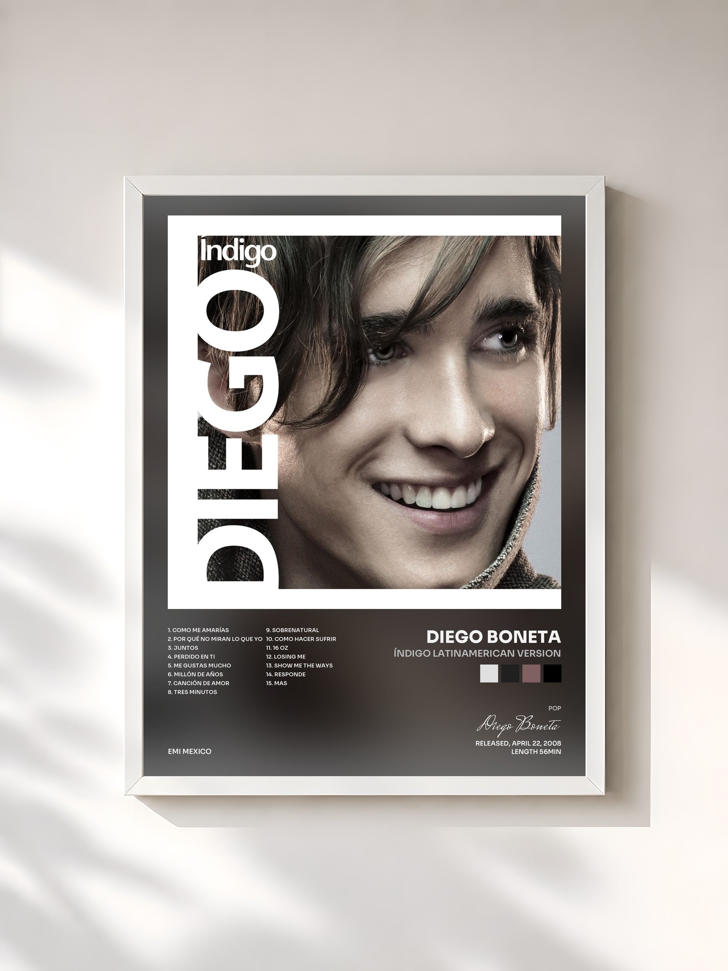#blanc Tableau de l'album Índigo Latinamerican Version de Diego Boneta, cadre blanc, imprimé et encadré en France