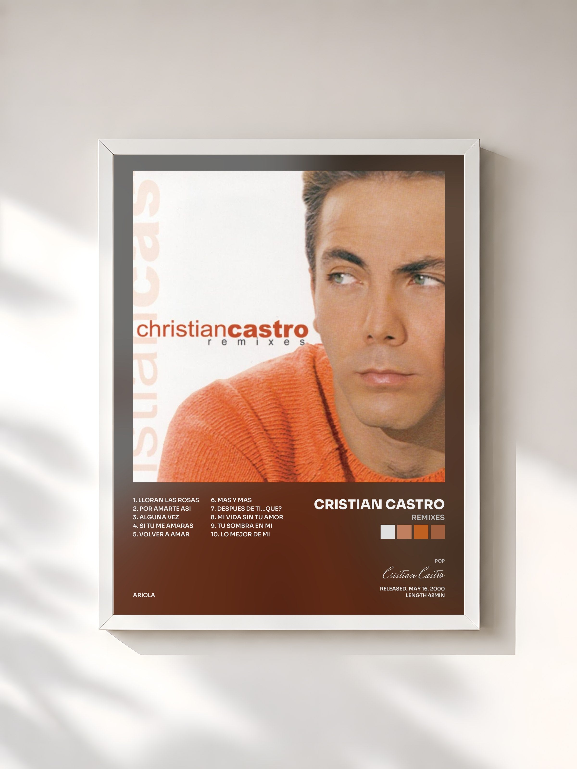 #blanc Tableau de l'album Remixes de Cristian Castro, cadre blanc, imprimé et encadré en France