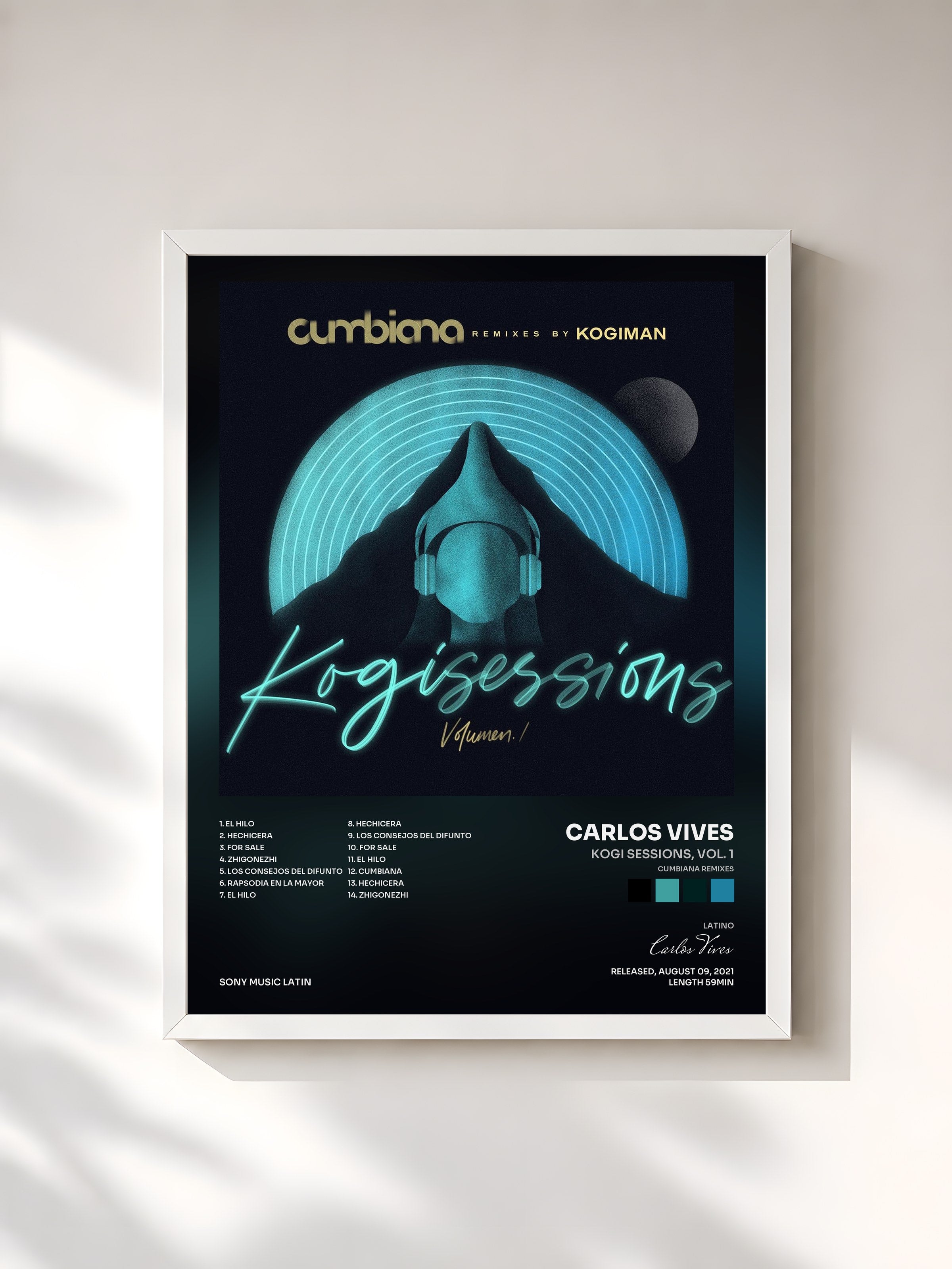 #blanc Tableau de l'album KOGI SESSIONS, Vol. 1 (Cumbiana Remixes) de Carlos Vives, cadre blanc, imprimé et encadré en France